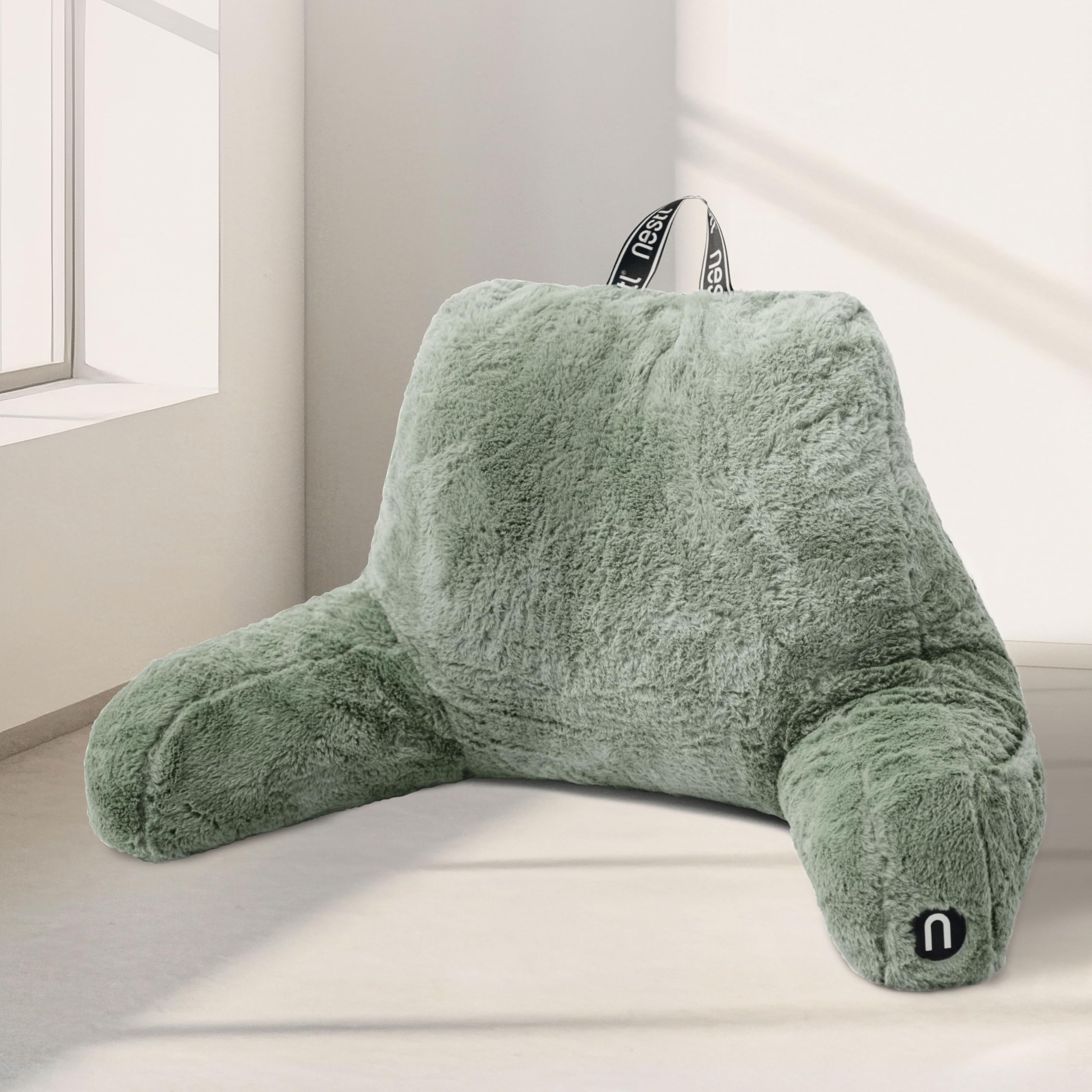Nestl Fur Reading Pillow, Stylish Back Pillow for Bed Sitting Up, Faux Fur Bed Chair Pillow with Arms, Reading Pillows for Sitting in Bed Adult & Kids, Sit Up Back Support Pillow for Bed Rest - Linen