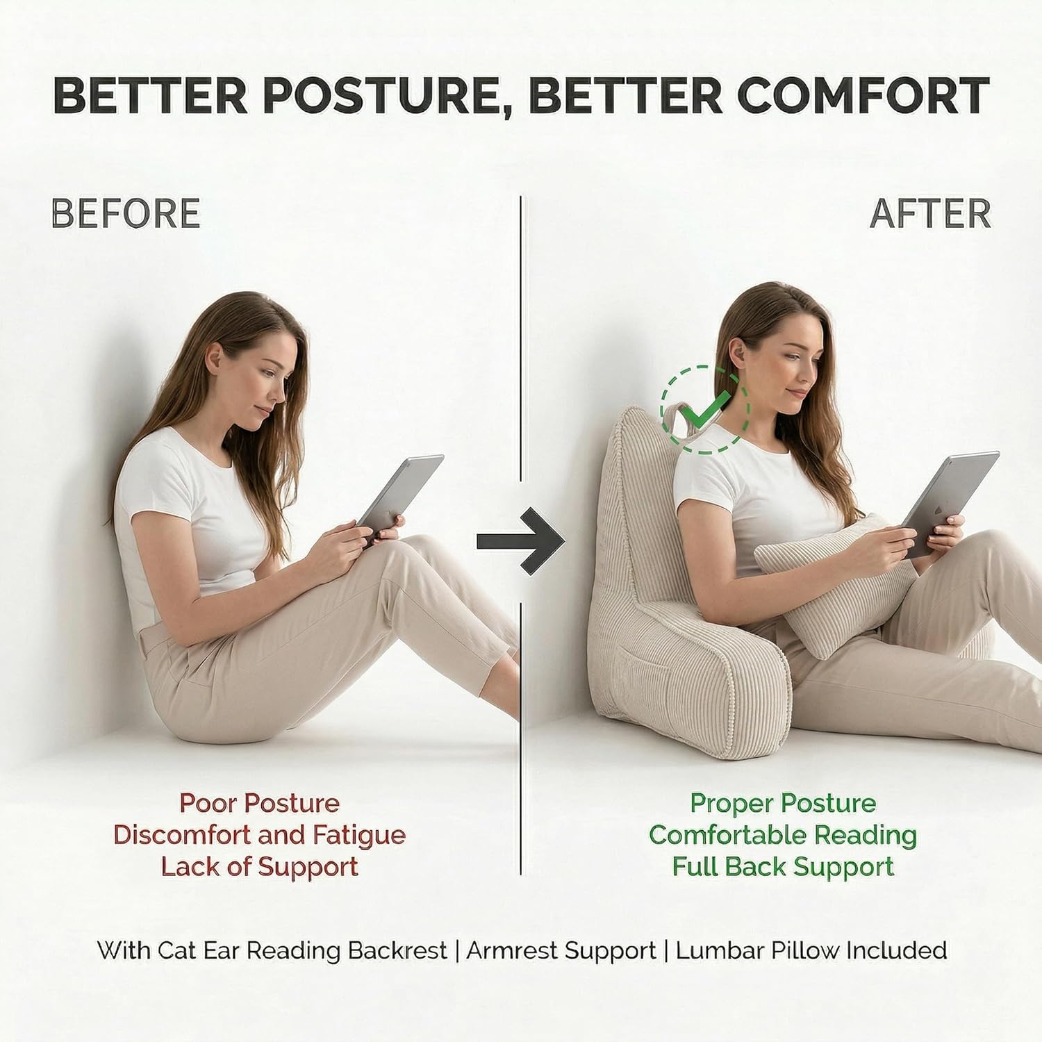 Patented Design Reading Pillow with Arms for Sitting Up, 2-in-1 Bed Rest Pillow with Detachable Lumbar Support, Backrest Support Cushion for Couch with Side Pockets & Handle, Beige Gray