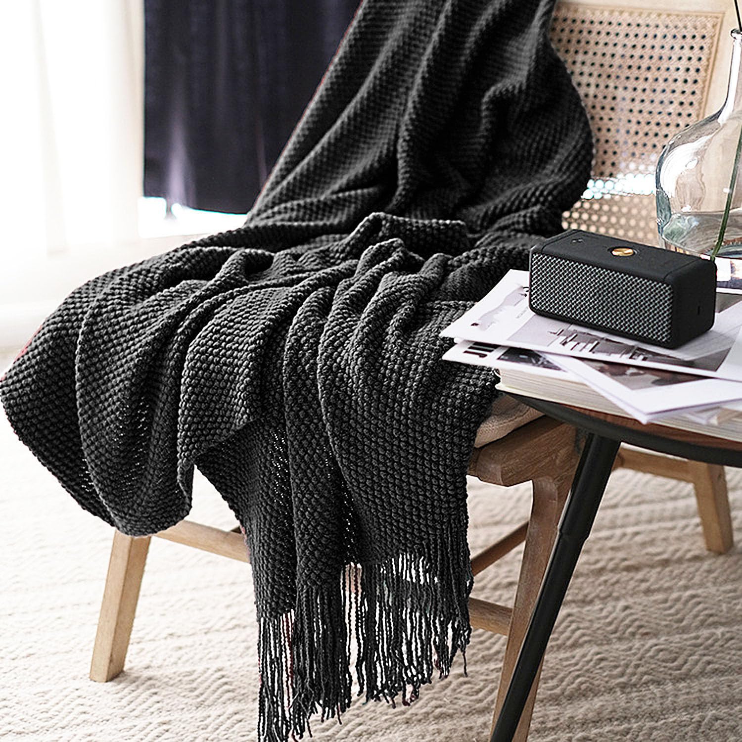 LOMAO Knitted Throw Blanket with Tassels Bubble Textured Lightweight Throws for Couch Cover Home Decor (Cream, 60x80)