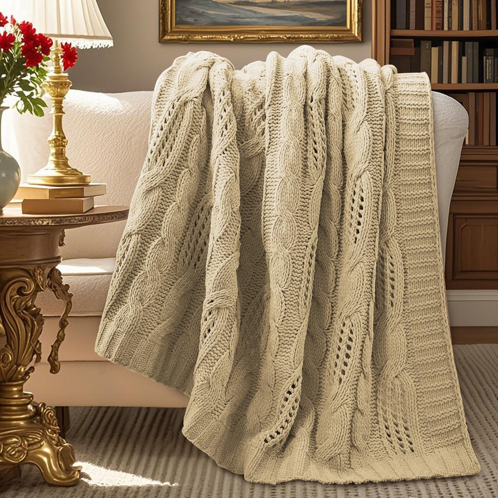 Amélie Home Chunky Knit Throw Blanket, Dual-Sided Soft Chenille Breathable Cable Knitted Blanket for Couch, Farmhouse Decorative Throw for Sofa & Chair, 50"x60", Sage Green