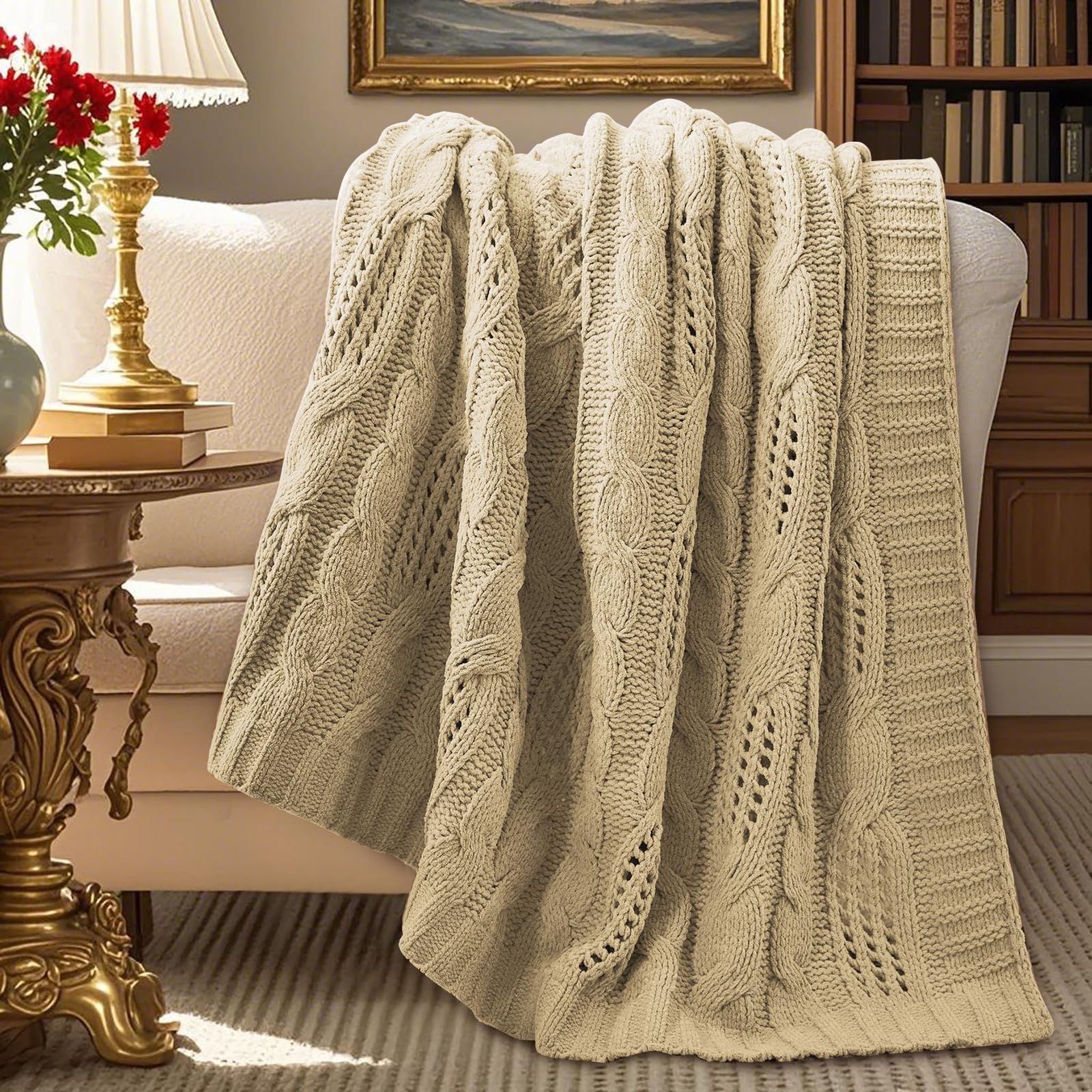Amélie Home Chunky Knit Throw Blanket, Dual-Sided Soft Chenille Breathable Cable Knitted Blanket for Couch, Farmhouse Decorative Throw for Sofa & Chair, 50"x60", Sage Green