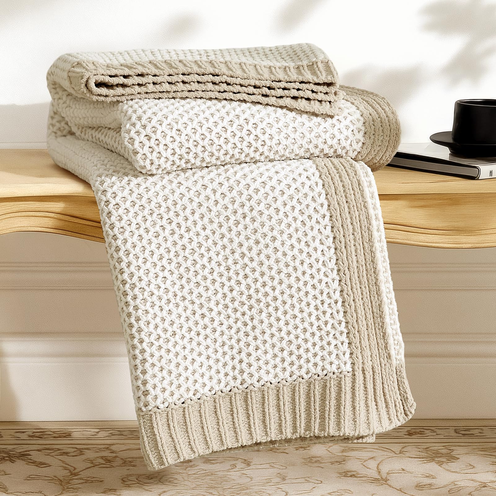 Amélie Home Chunky Knit Throw Blanket, Dual-Sided Soft Chenille Breathable Cable Knitted Blanket for Couch, Farmhouse Decorative Throw for Sofa & Chair, 50"x60", Sage Green