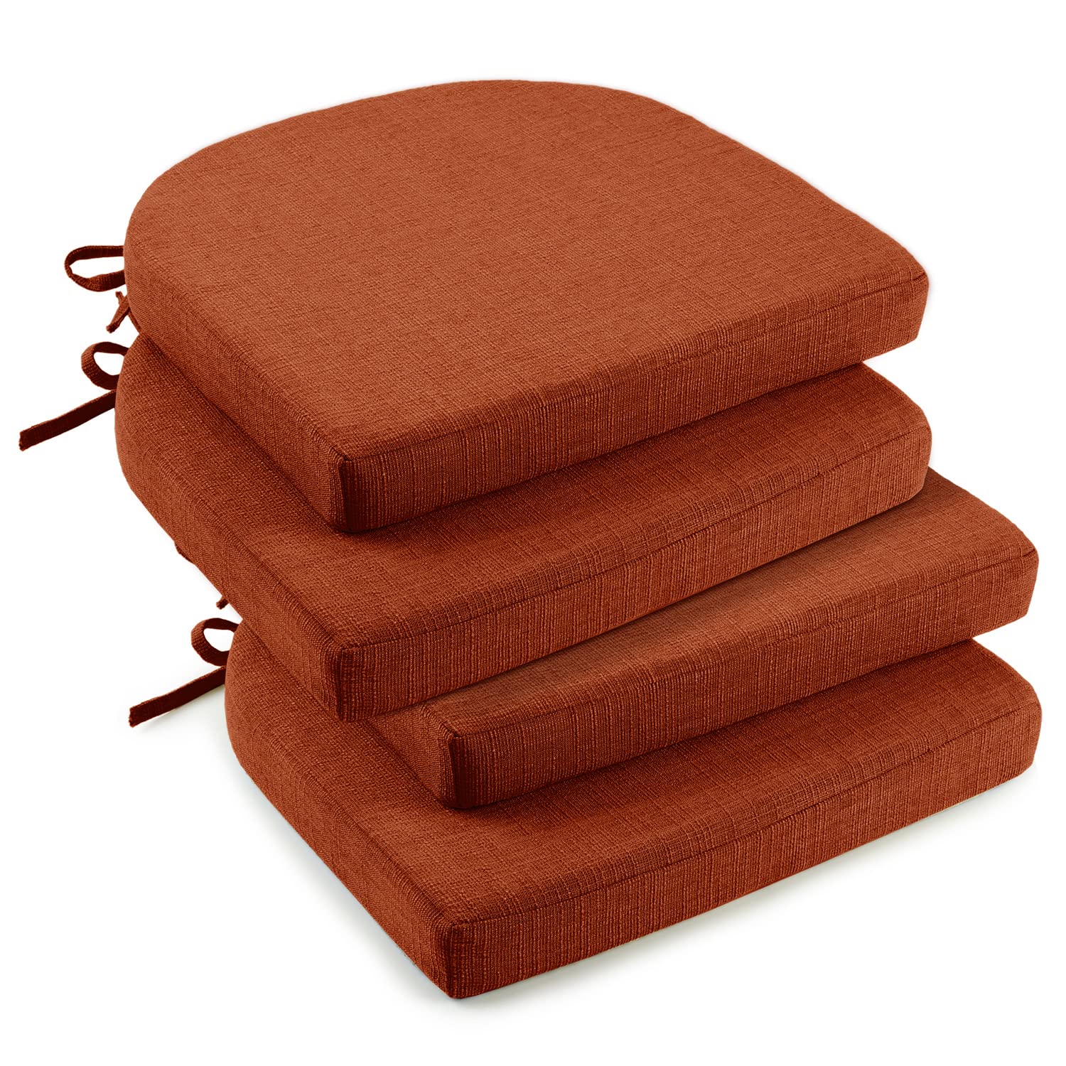 downluxe Indoor Chair Cushions for Dining Chairs, Soft and Comfortable Textured Foam Kitchen Chair Pads with Ties and Non-Slip Backing, 16" x 16" x 2", Brown, 4 Pack