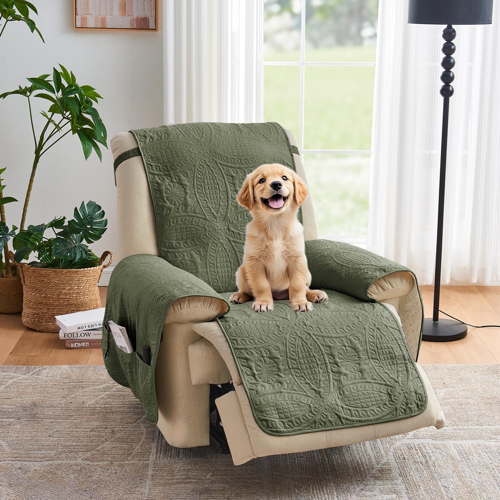 Quilted Sofa Slipcovers with Pockets, Anti-Slip Medallion Designed Couch Covers for 3 Cushion Sofa, Couch Cover for Dogs Cats Water-Repellent Machine Washable (Large Sofa 68", Ivory White)