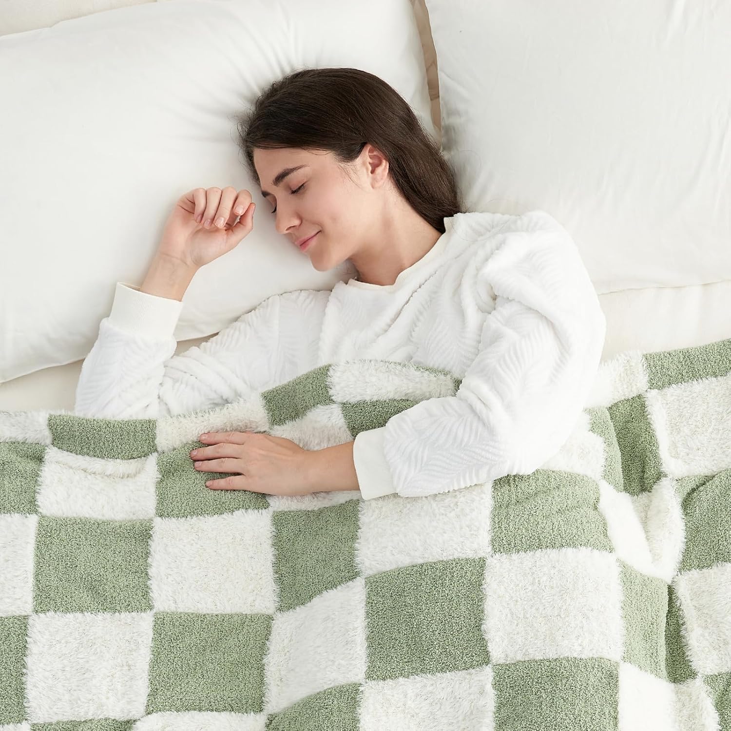 Snuggle Sac Sage Green Checkered Throw Blanket Faux Fur Knitted with Microfiber Yarn, Cozy Soft Warm Spring Blankets for Couch,Sofa,Bedroom,Sage Green Checker,50x60 inches