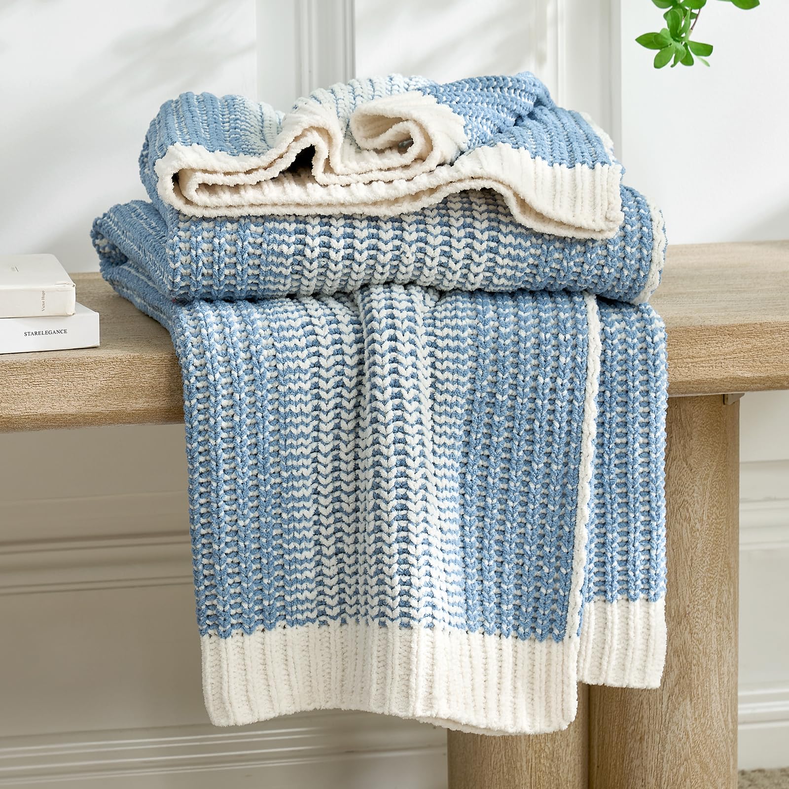 Amélie Home Premium Chenille Throw Blanket, Soft Cozy Moss Stitch Knit Blanket for Couch, Sofa, Chair, Home Decor, Cream White 50"x60"