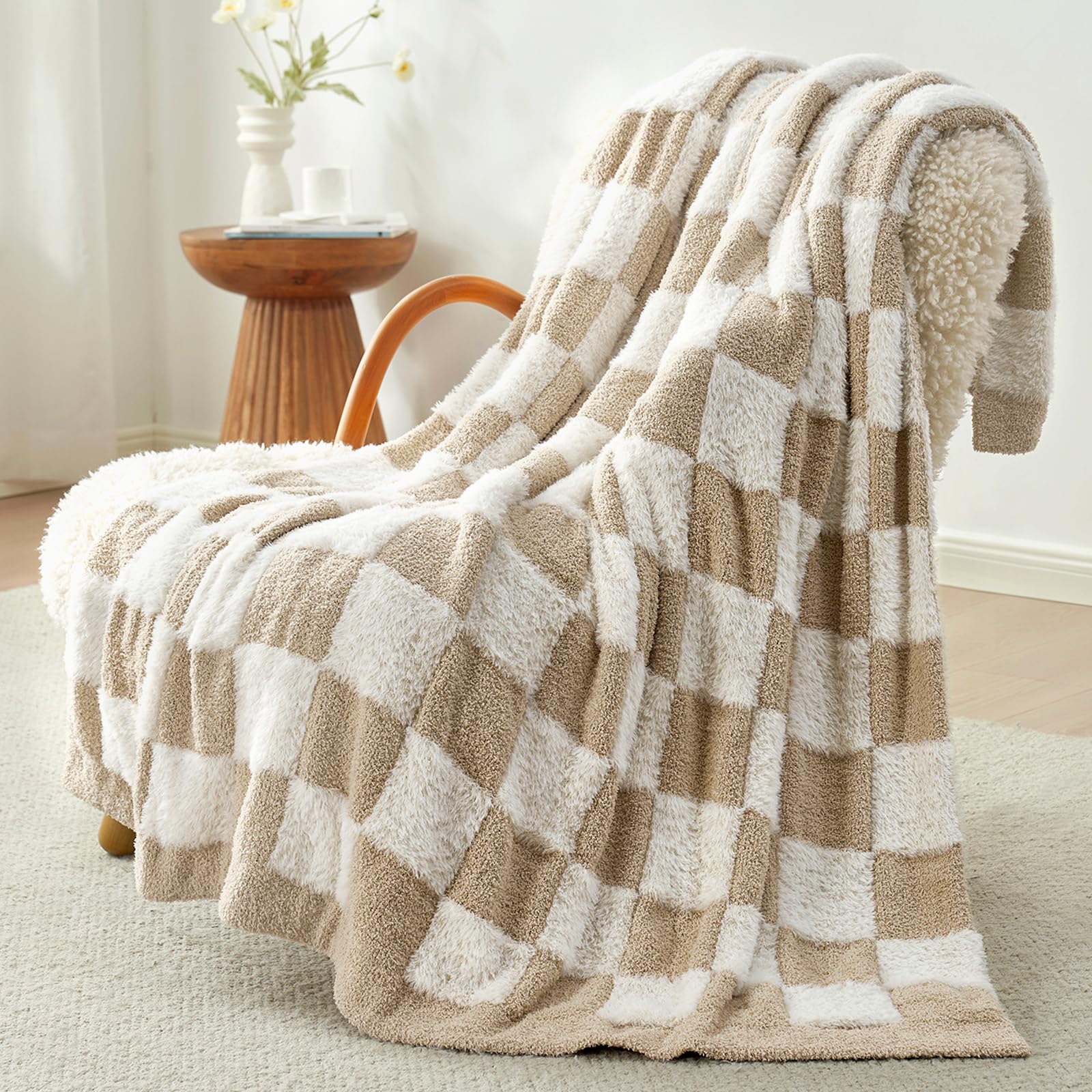 Snuggle Sac Sage Green Checkered Throw Blanket Faux Fur Knitted with Microfiber Yarn, Cozy Soft Warm Spring Blankets for Couch,Sofa,Bedroom,Sage Green Checker,50x60 inches