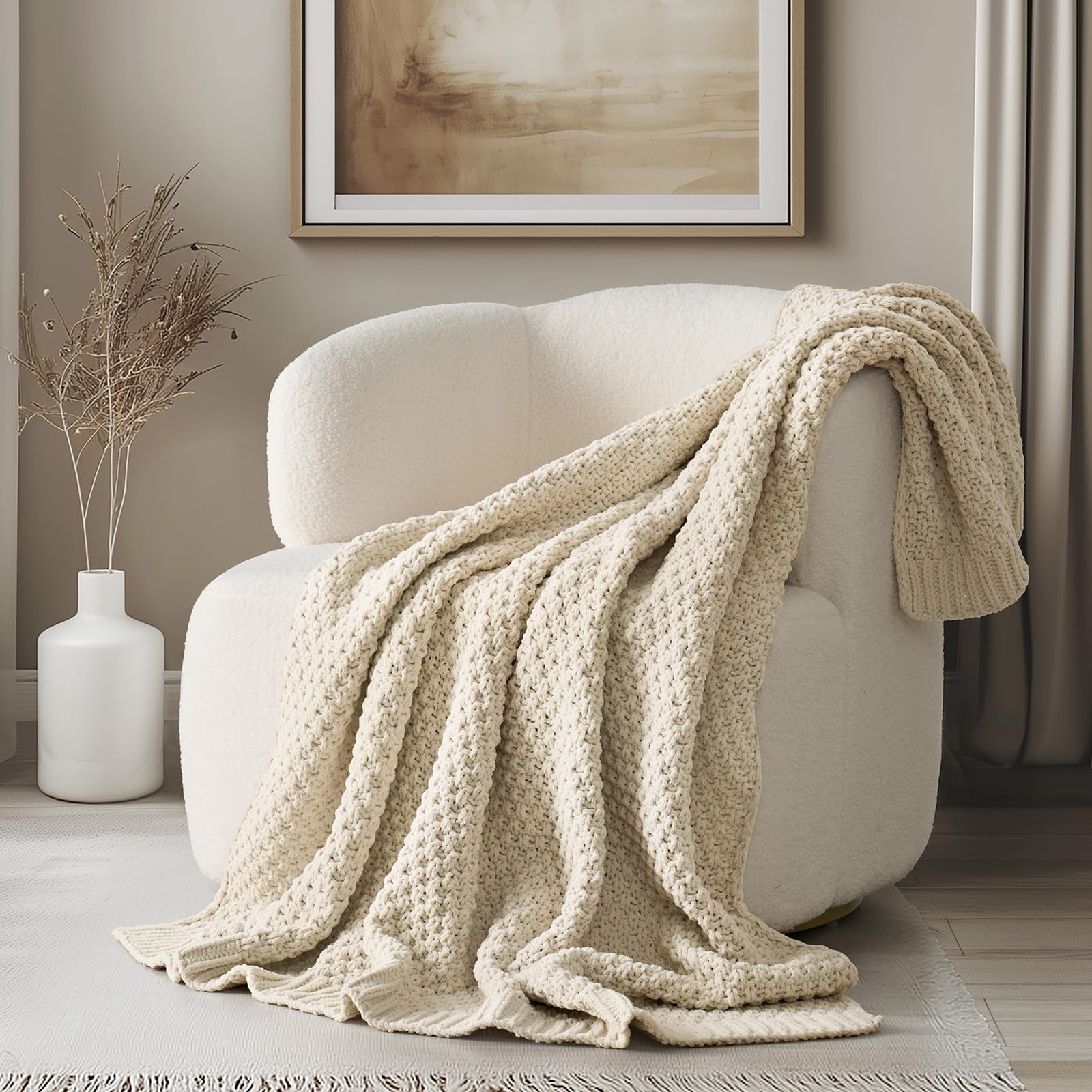 EVERGRACEHOME Chunky Chenille Knit Throw Blanket for Couch, Soft Luxurious Moss Stitch Blankets for Bed, Cozy Decorative Farmhouse Knitted Throws for Sofa, Stormy Blue, 60" x 80"