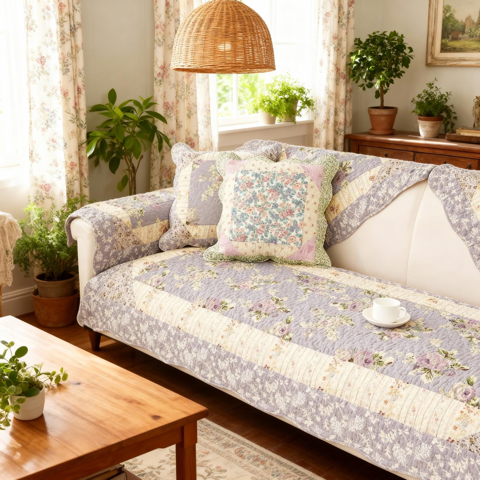 Leeva French Cream Ruffle Lace Quilted Sofa Slipcover, Beige Couch Protector & Decorative Slipcover for Living Room Cream Aesthetic Cottage Decor, Cotton-Linen Fabric, 27"x59"