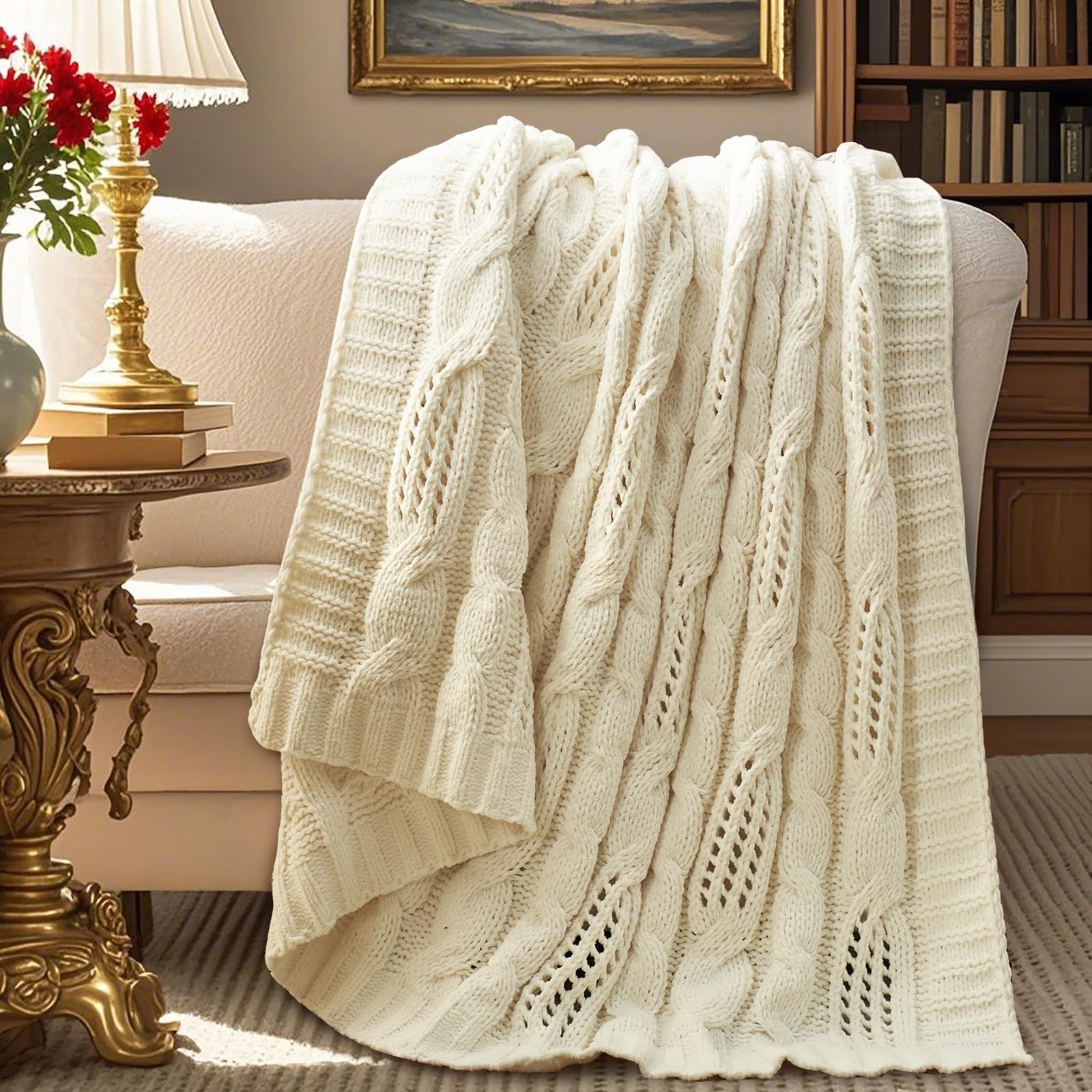 Amélie Home Chunky Knit Throw Blanket, Dual-Sided Soft Chenille Breathable Cable Knitted Blanket for Couch, Farmhouse Decorative Throw for Sofa & Chair, 50"x60", Sage Green