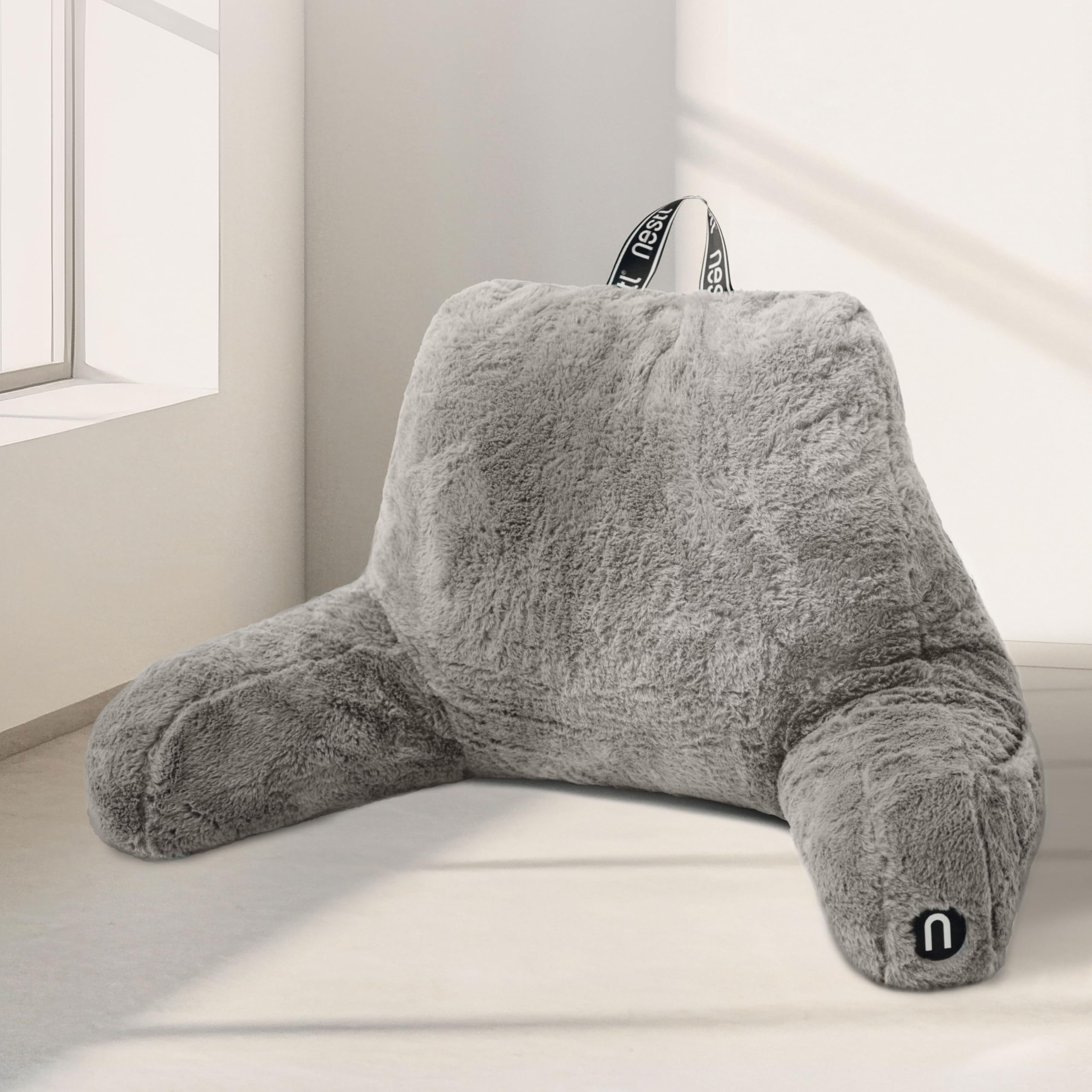 Nestl Fur Reading Pillow, Stylish Back Pillow for Bed Sitting Up, Faux Fur Bed Chair Pillow with Arms, Reading Pillows for Sitting in Bed Adult & Kids, Sit Up Back Support Pillow for Bed Rest - Linen
