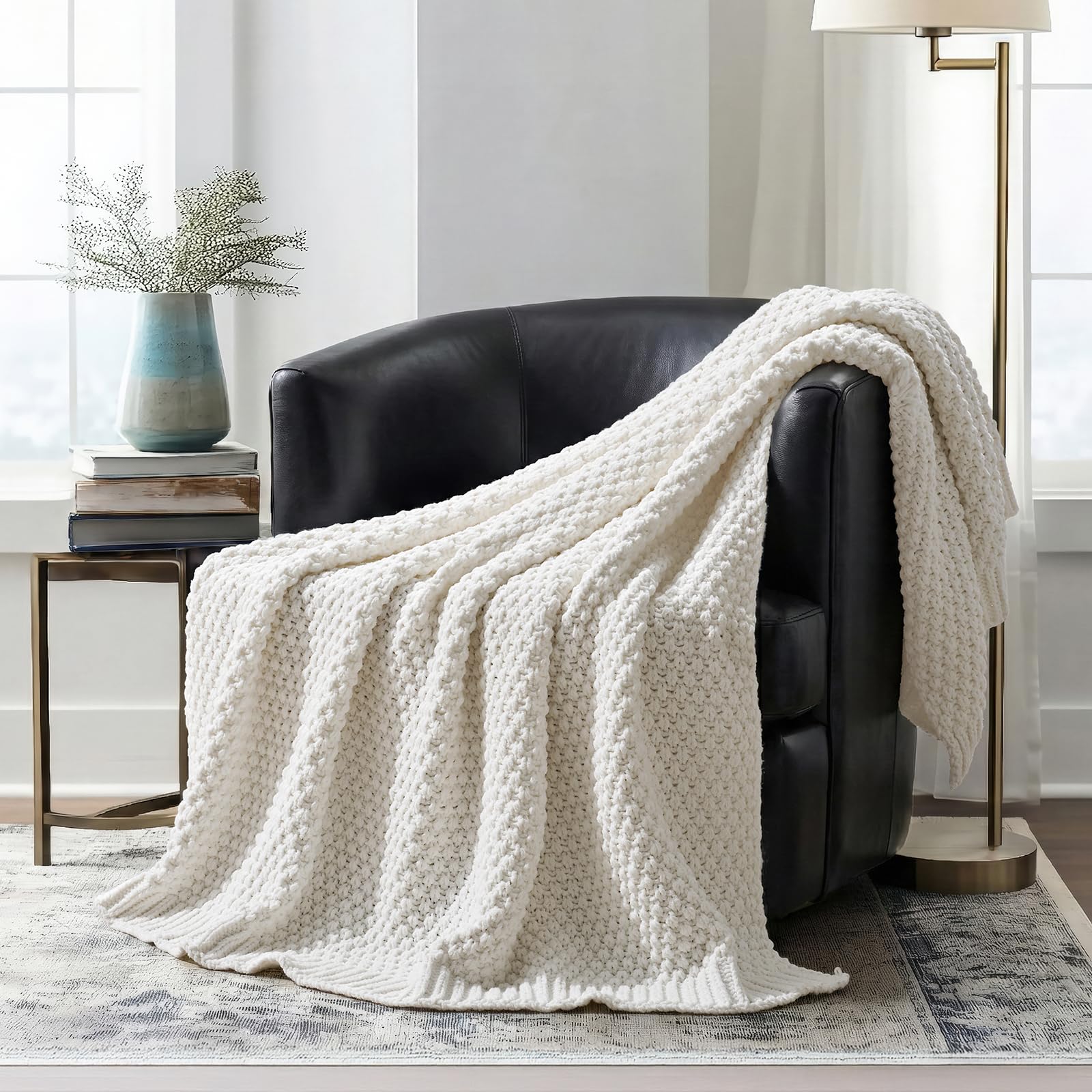 EVERGRACEHOME Chunky Chenille Knit Throw Blanket for Couch, Soft Luxurious Moss Stitch Blankets for Bed, Cozy Decorative Farmhouse Knitted Throws for Sofa, Stormy Blue, 60" x 80"