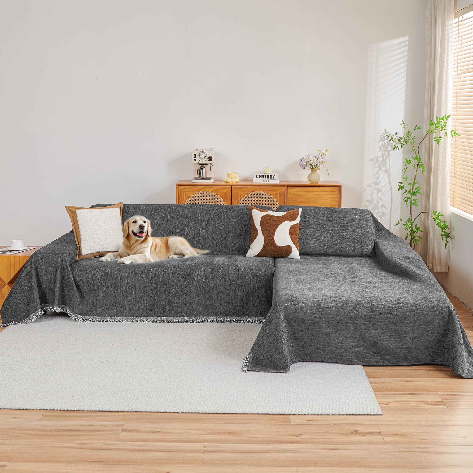 MYSKY HOME Couch Cover for Sectional Sofa, 2 Pieces Chenille Couch Covers for L Shape Sofa Cover, Furniture Protector for Pets, Kids, Sofa Slipcover for 2-3 Cushion Couch (71"x118"+71"x118", Beige)