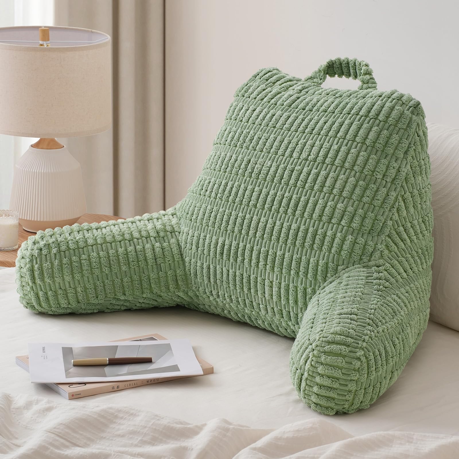Blissful Diary Reading Pillow for Sitting in Bed, Large Flannel Back Pillow Bed Sitting Up for Adult & Children, Backrest Cushion for Sit Up in Couch or Floor, Dorm Essentials, Cream White