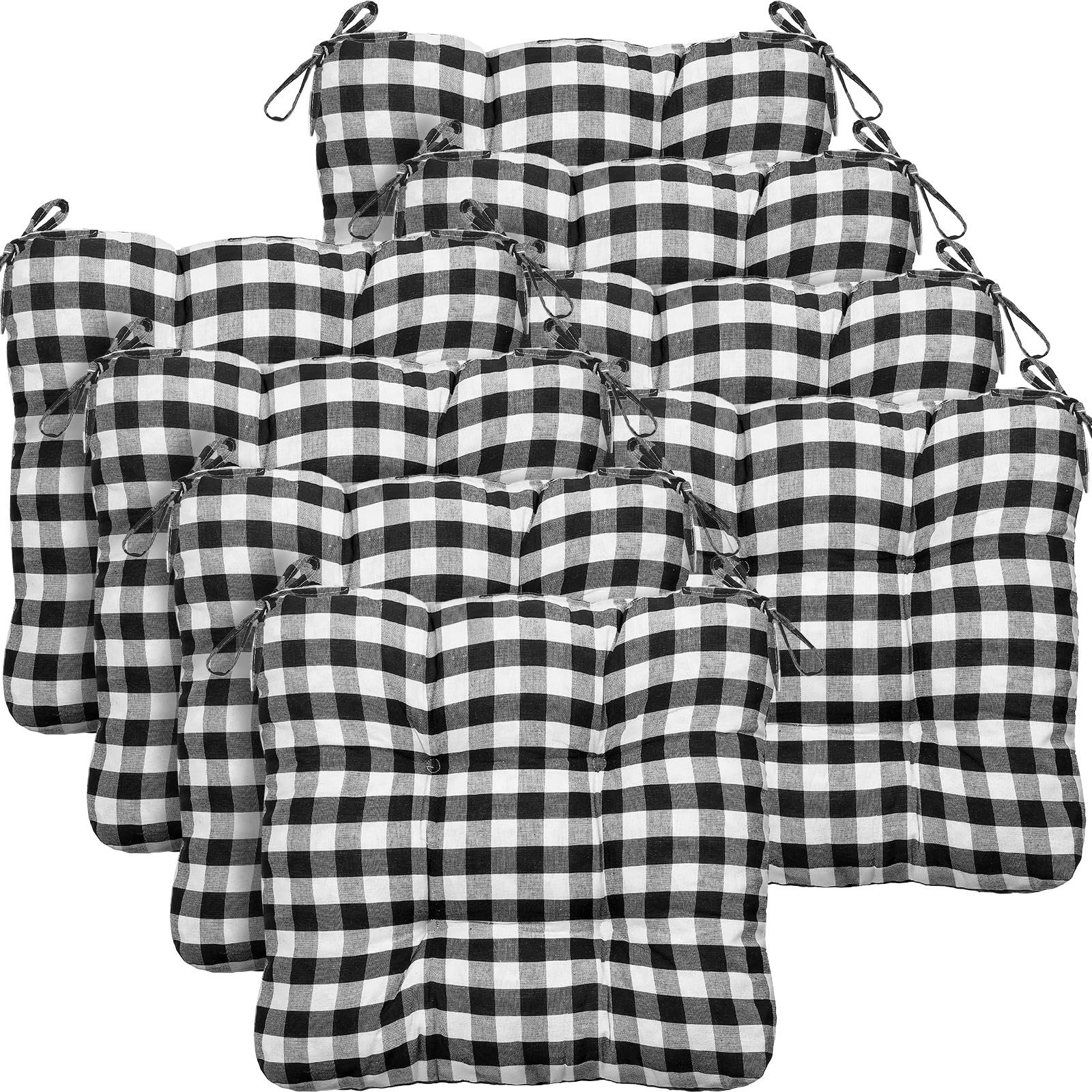 Geetery 4 Pack Chair Cushions for Dining Chairs, 16" x 15" Black and White Kitchen Chair Cushions with Ties Buffalo Plaid Soft Comfy Seat Pads for Home Office Living Room Outdoor Indoor