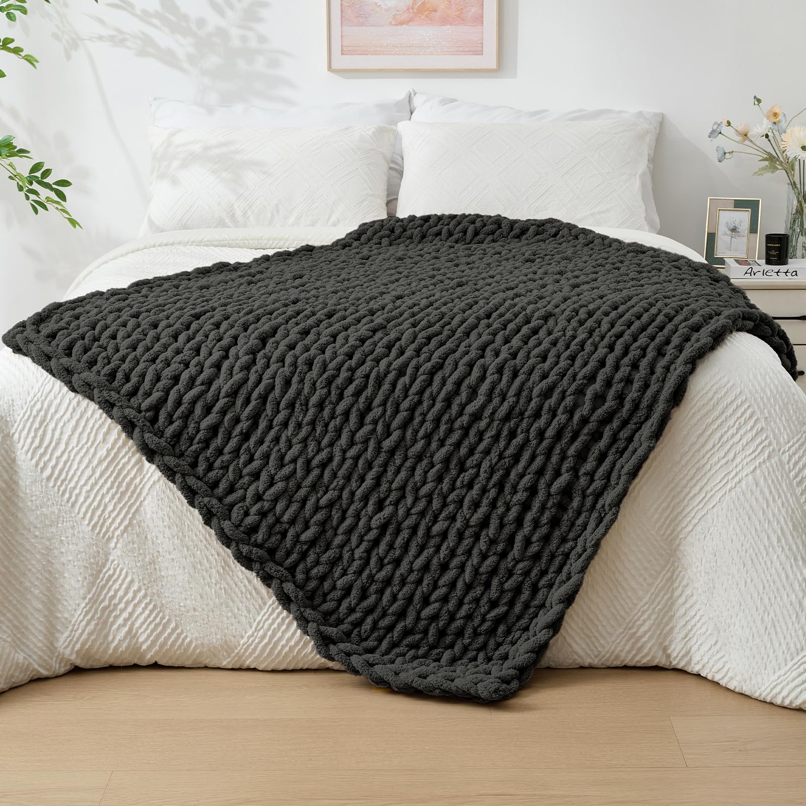 Bigacogo Chunky Knit Throw Blanket for Couch, 40x60 inches, 100% Hand Knitted with Thick Jumbo Chenille Yarn, Cozy Soft Large Rope Knot Cable Crochet Blankets for Sofa Bed Living Room, Beige