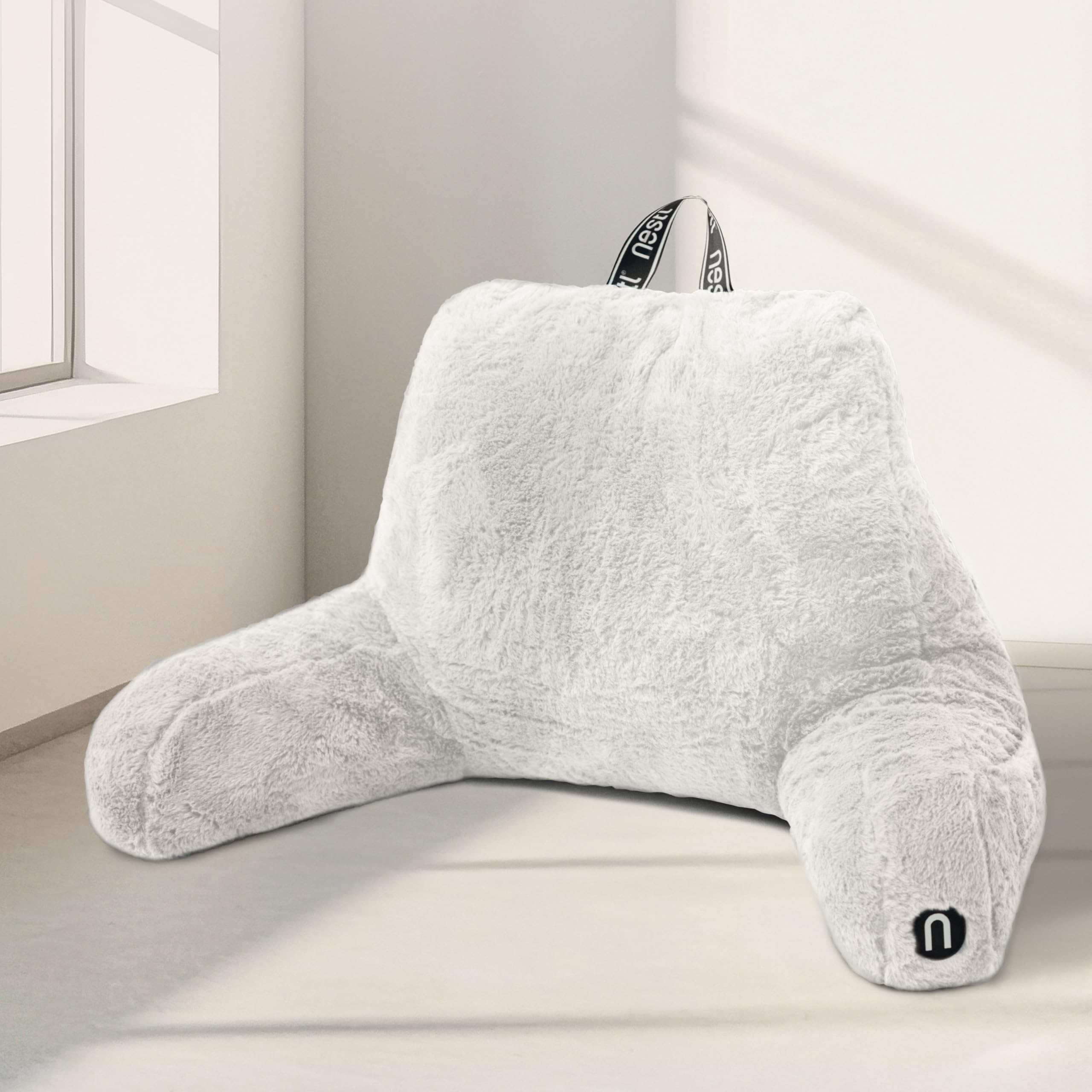 Nestl Fur Reading Pillow, Stylish Back Pillow for Bed Sitting Up, Faux Fur Bed Chair Pillow with Arms, Reading Pillows for Sitting in Bed Adult & Kids, Sit Up Back Support Pillow for Bed Rest - Linen