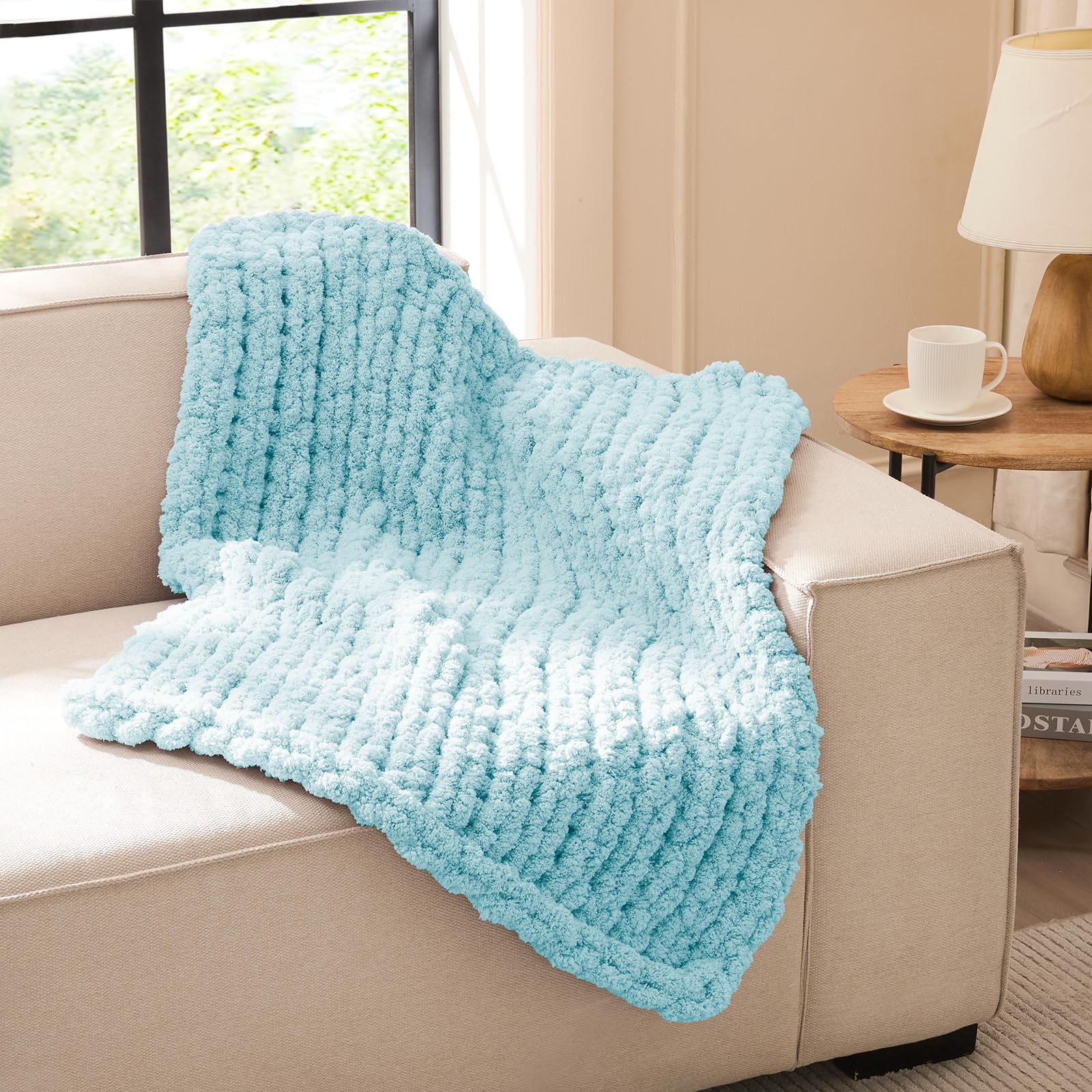 L'AGRATY Chunky Knit Blanket Throw,Soft Chenille Yarn Throw Blanket 50x60，Handmade Cable Knit Crochet Blanket,Large Knit Blankets Chunky Yarn,Rope Knot Throw Blanket for Couch Sofa Bed Home Decor