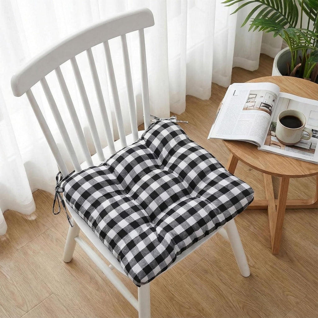 Geetery 4 Pack Chair Cushions for Dining Chairs, 16" x 15" Black and White Kitchen Chair Cushions with Ties Buffalo Plaid Soft Comfy Seat Pads for Home Office Living Room Outdoor Indoor