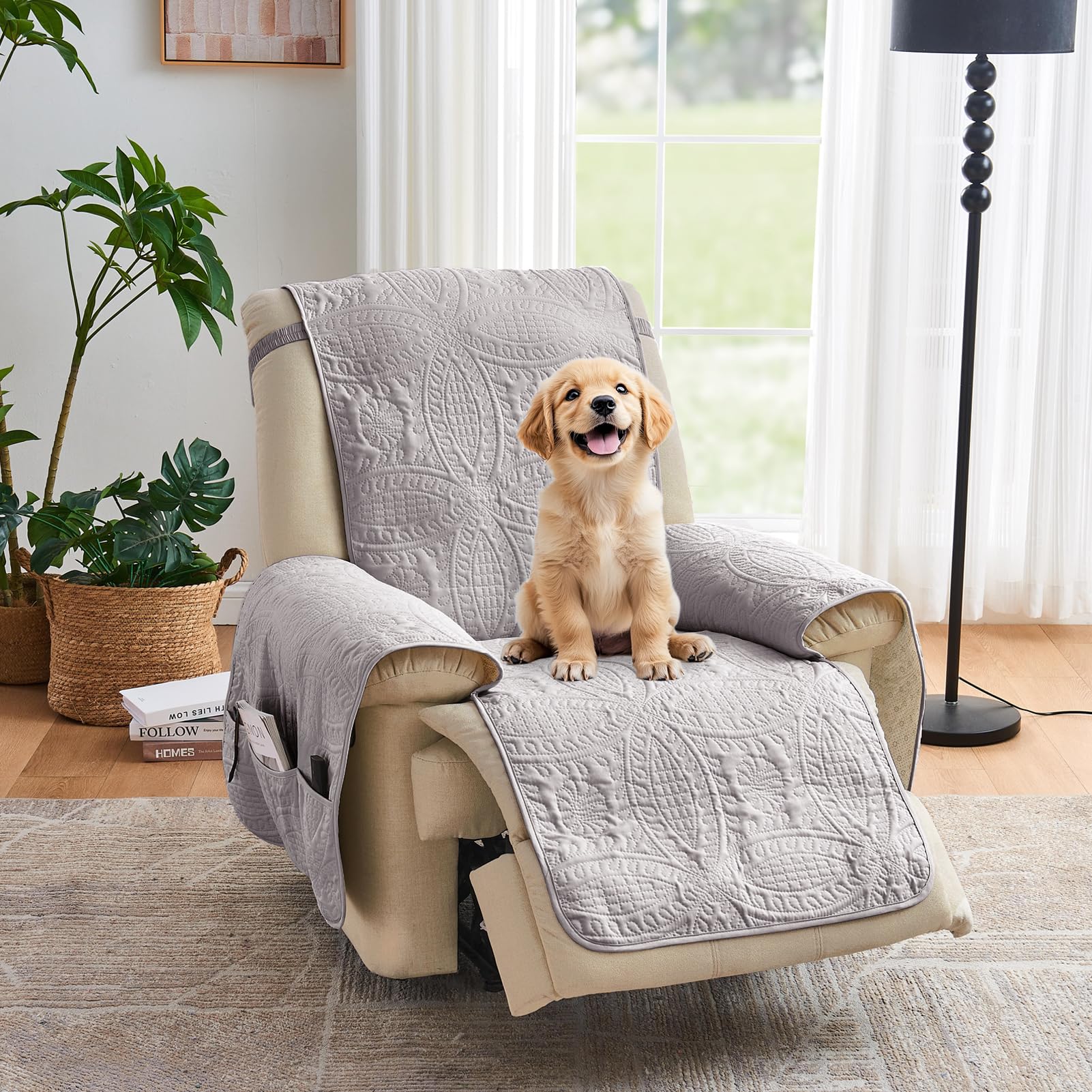 Quilted Sofa Slipcovers with Pockets, Anti-Slip Medallion Designed Couch Covers for 3 Cushion Sofa, Couch Cover for Dogs Cats Water-Repellent Machine Washable (Large Sofa 68", Ivory White)