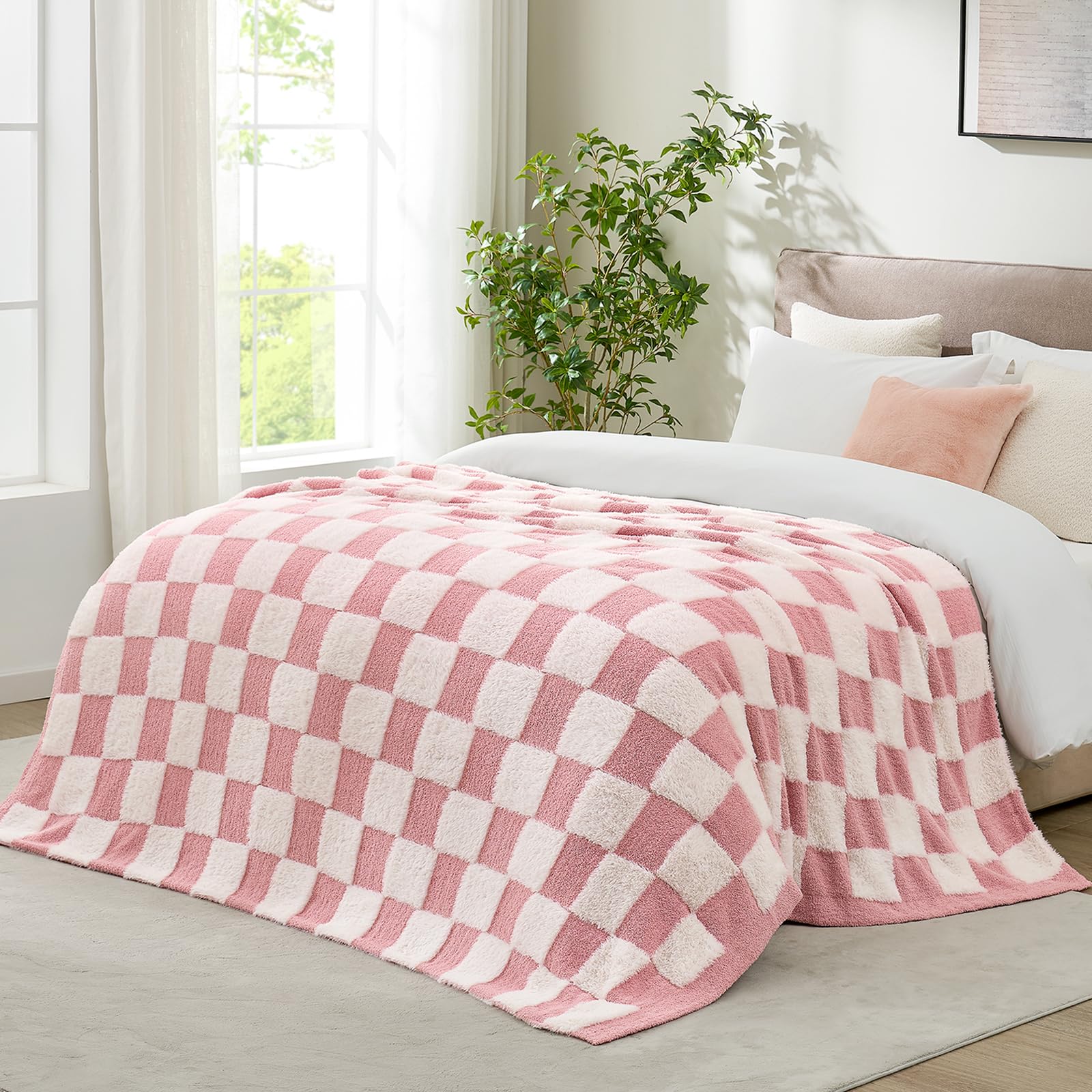 Snuggle Sac Sage Green Checkered Throw Blanket Faux Fur Knitted with Microfiber Yarn, Cozy Soft Warm Spring Blankets for Couch,Sofa,Bedroom,Sage Green Checker,50x60 inches