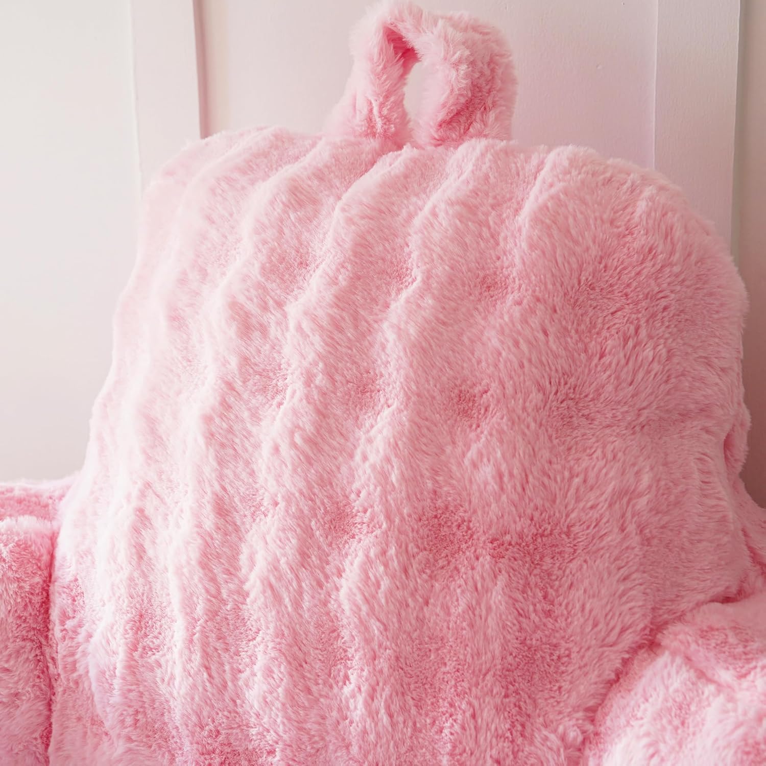 Faux Fur Reading Pillow for Sitting in Bed, Large Backrest Bed Pillow with Arms, Back Support Pillow for Lounging Bedrest, Pink
