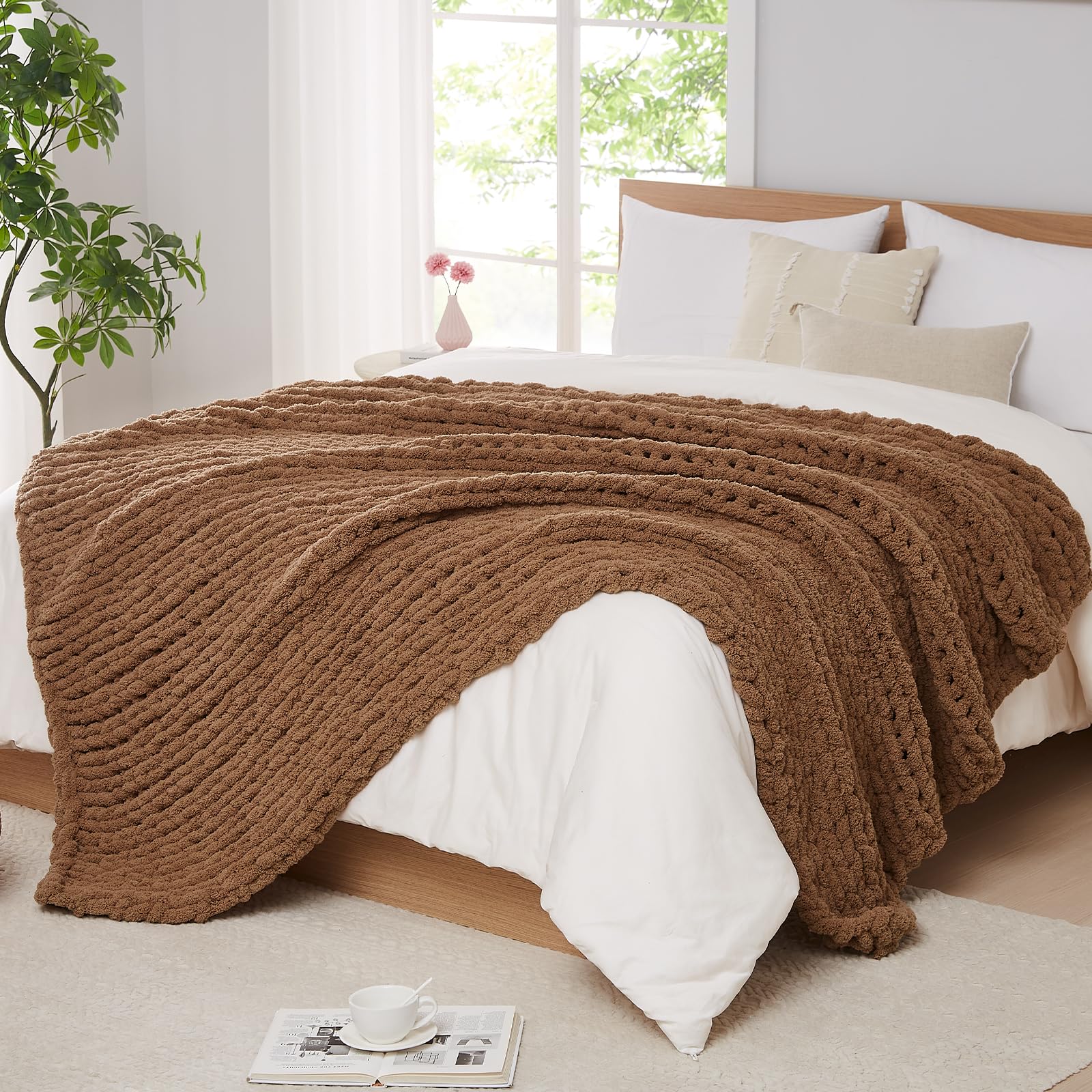 L'AGRATY Chunky Knit Blanket Throw,Soft Chenille Yarn Throw Blanket 50x60，Handmade Cable Knit Crochet Blanket,Large Knit Blankets Chunky Yarn,Rope Knot Throw Blanket for Couch Sofa Bed Home Decor