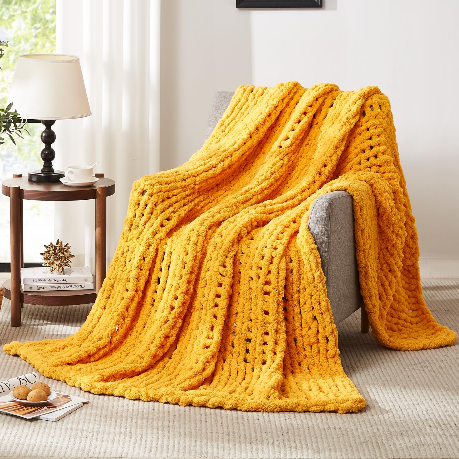 L'AGRATY Chunky Knit Blanket Throw,Soft Chenille Yarn Throw Blanket 50x60，Handmade Cable Knit Crochet Blanket,Large Knit Blankets Chunky Yarn,Rope Knot Throw Blanket for Couch Sofa Bed Home Decor
