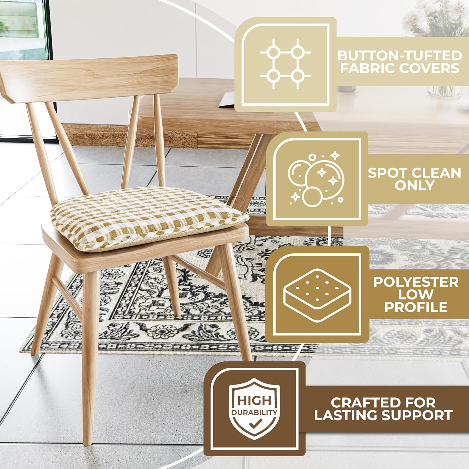 Non-Slip Chair Cushions, Assembled in USA, U-Shaped Skid-Proof Seat Pads for Dining Room, Kitchen, Office, 15"x16"