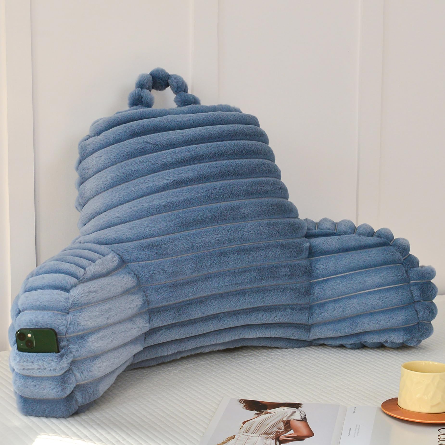 Fluffy Reading Pillow for Sitting in Bed, Large Backrest Bed Pillow with Arms, Back Support Pillow for Lounging Bedrest, Beige