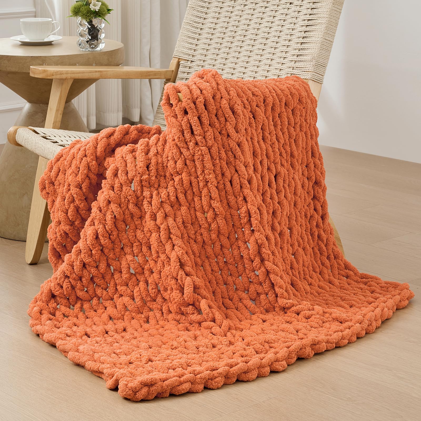 Bigacogo Chunky Knit Throw Blanket for Couch, 40x60 inches, 100% Hand Knitted with Thick Jumbo Chenille Yarn, Cozy Soft Large Rope Knot Cable Crochet Blankets for Sofa Bed Living Room, Beige