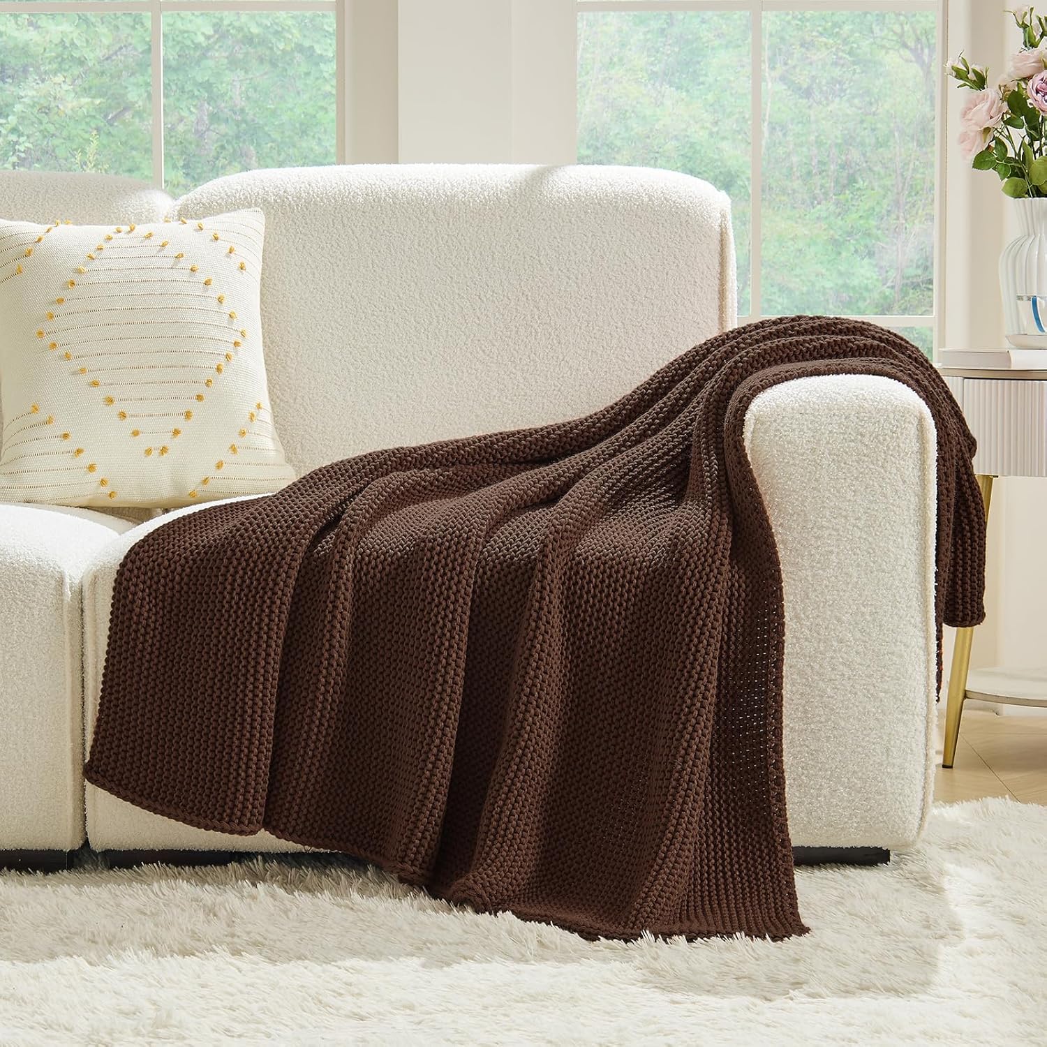 Dark Brown Throw Blanket for Couch, Brown Knit Throw Blanket, Soft Cozy Stretchy Reversible Garter Knitted Blankets for Bed, 50"x60", Dark Brown
