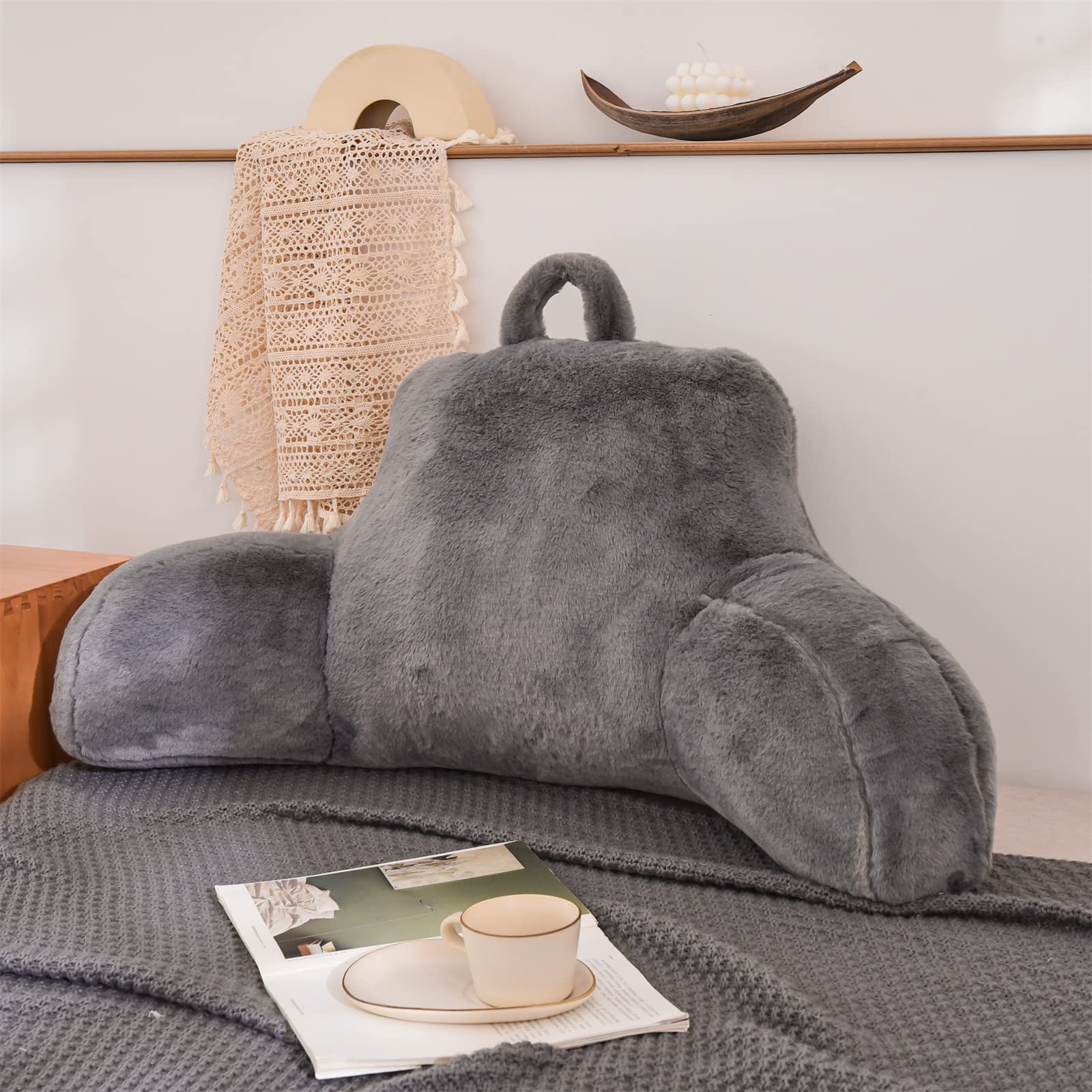 Ivory Faux Fur Wedge Reading Pillow with Arms, Large Back Support for Bed & Couch