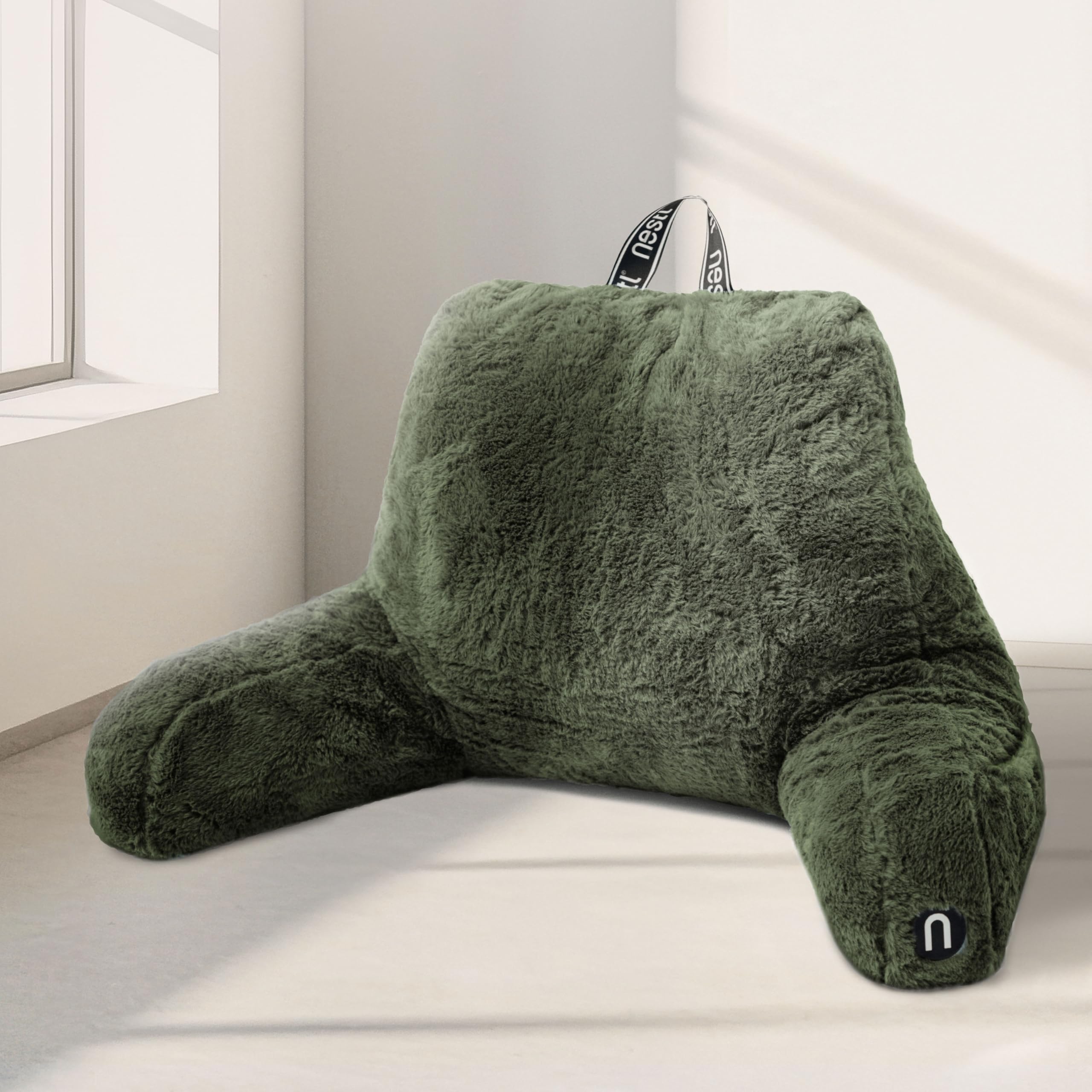 Nestl Fur Reading Pillow, Stylish Back Pillow for Bed Sitting Up, Faux Fur Bed Chair Pillow with Arms, Reading Pillows for Sitting in Bed Adult & Kids, Sit Up Back Support Pillow for Bed Rest - Linen