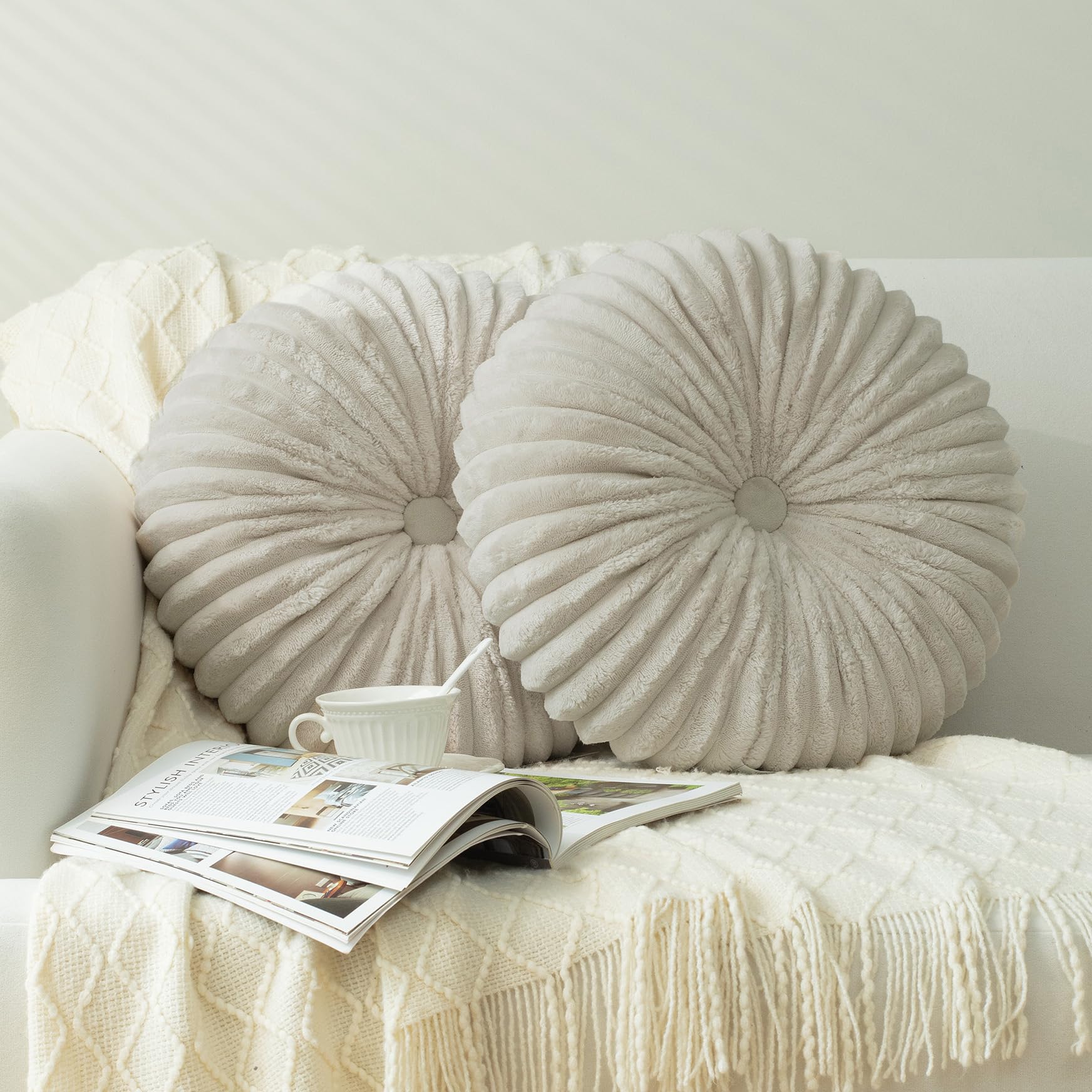 HIG Decorative Round Throw Pillows for Bed Couch -Set of 2 Handcraft Ruched Pumpkin Pillow, Soft and Durable Flannel Floor Pillow for Home Decor, Bed Living Room and Sofa (Dusty Rose,14.5"x14.5")