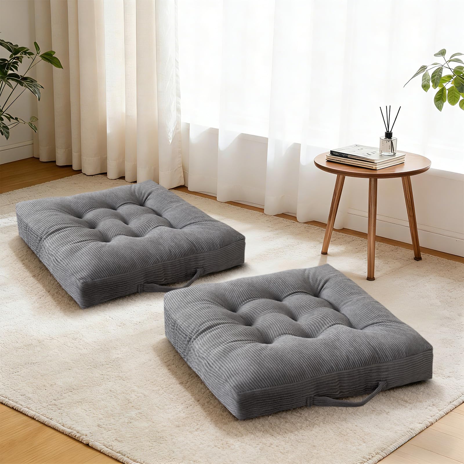 Set of 2 Beige Tufted Velvet Floor Seat Cushions 18×18 Inch, Washable Portable Chair Pads with Handle