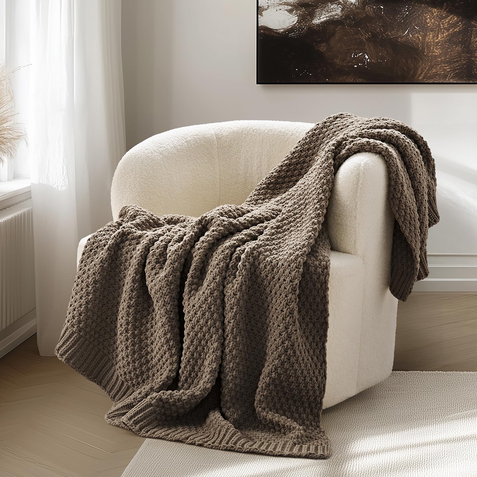 EVERGRACEHOME Chunky Chenille Knit Throw Blanket for Couch, Soft Luxurious Moss Stitch Blankets for Bed, Cozy Decorative Farmhouse Knitted Throws for Sofa, Stormy Blue, 60" x 80"