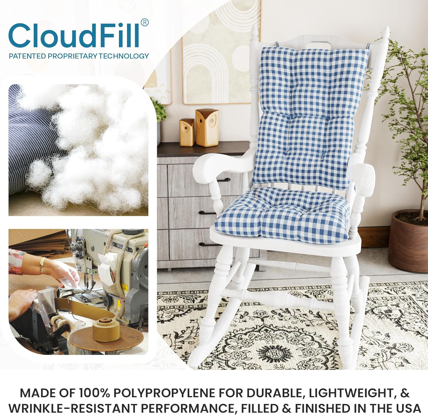 Klear Vu The Gripper Non-Slip Rocking Chair Cushion Set with Thick Padding, Includes Seat Pad & Back Pillow with Ties for Indoor Living Room Rocker, 17x17 Inches, 2 Piece Set, Wedgewood