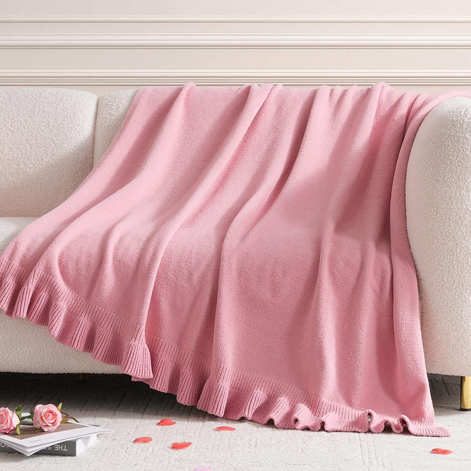 Amélie Home Knit Throw Blanket, Soft Chenille Cozy Breathable Dual Tone Checkered Chunky Decorative Blanket for Couch, Bed & Sofa, French-Inspired Lightweight Warm Gift for Women, Beige, 50"x60"