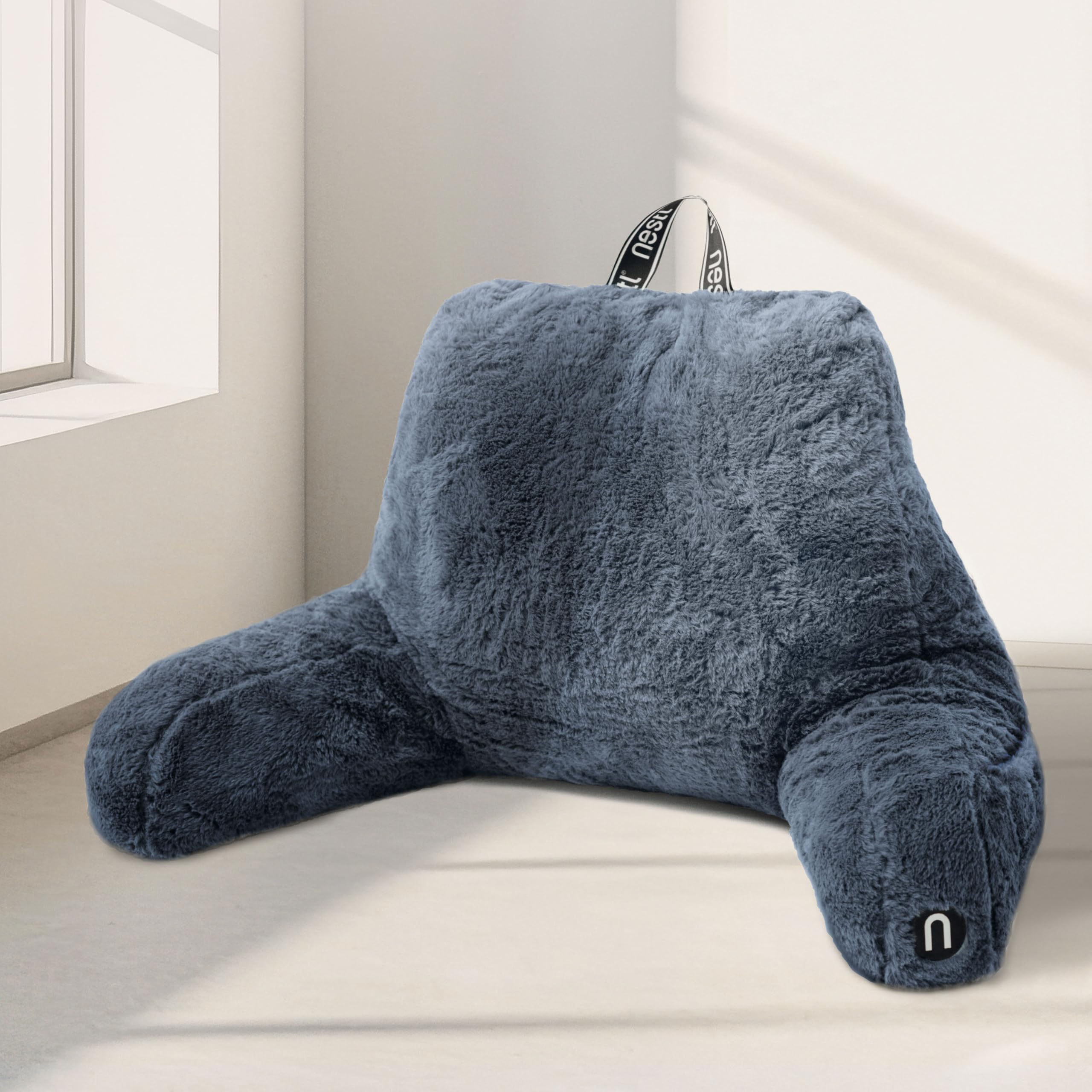 Nestl Fur Reading Pillow, Stylish Back Pillow for Bed Sitting Up, Faux Fur Bed Chair Pillow with Arms, Reading Pillows for Sitting in Bed Adult & Kids, Sit Up Back Support Pillow for Bed Rest - Linen