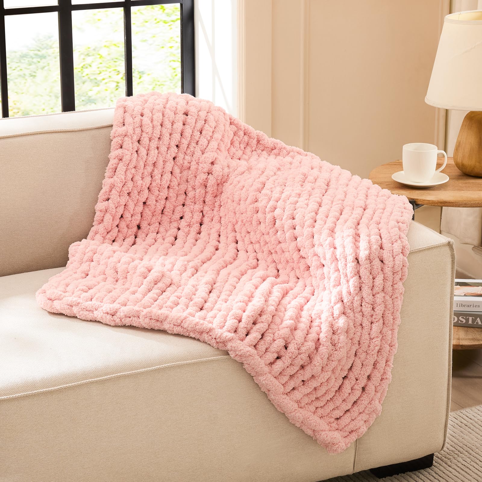 L'AGRATY Chunky Knit Blanket Throw,Soft Chenille Yarn Throw Blanket 50x60，Handmade Cable Knit Crochet Blanket,Large Knit Blankets Chunky Yarn,Rope Knot Throw Blanket for Couch Sofa Bed Home Decor