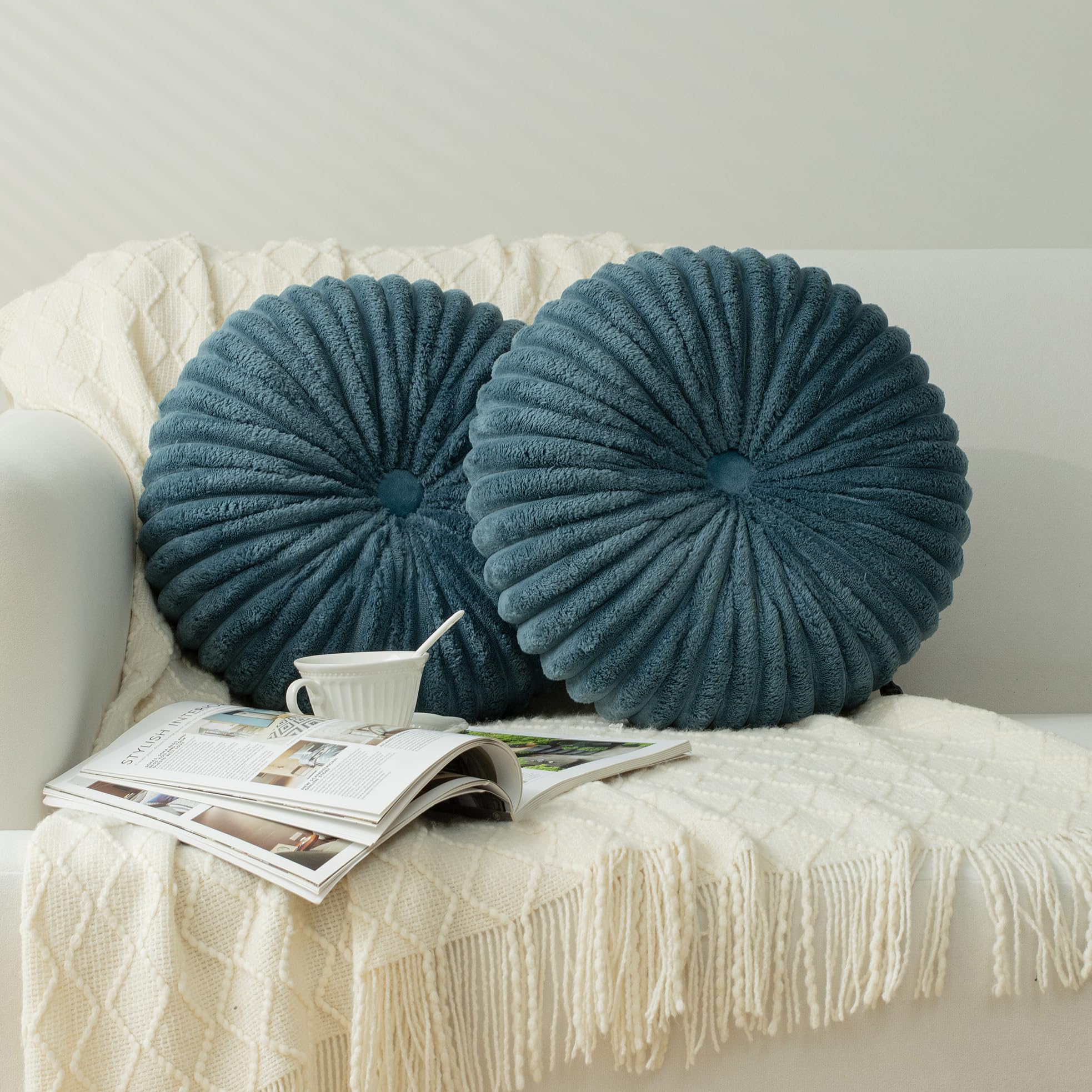 HIG Decorative Round Throw Pillows for Bed Couch -Set of 2 Handcraft Ruched Pumpkin Pillow, Soft and Durable Flannel Floor Pillow for Home Decor, Bed Living Room and Sofa (Dusty Rose,14.5"x14.5")