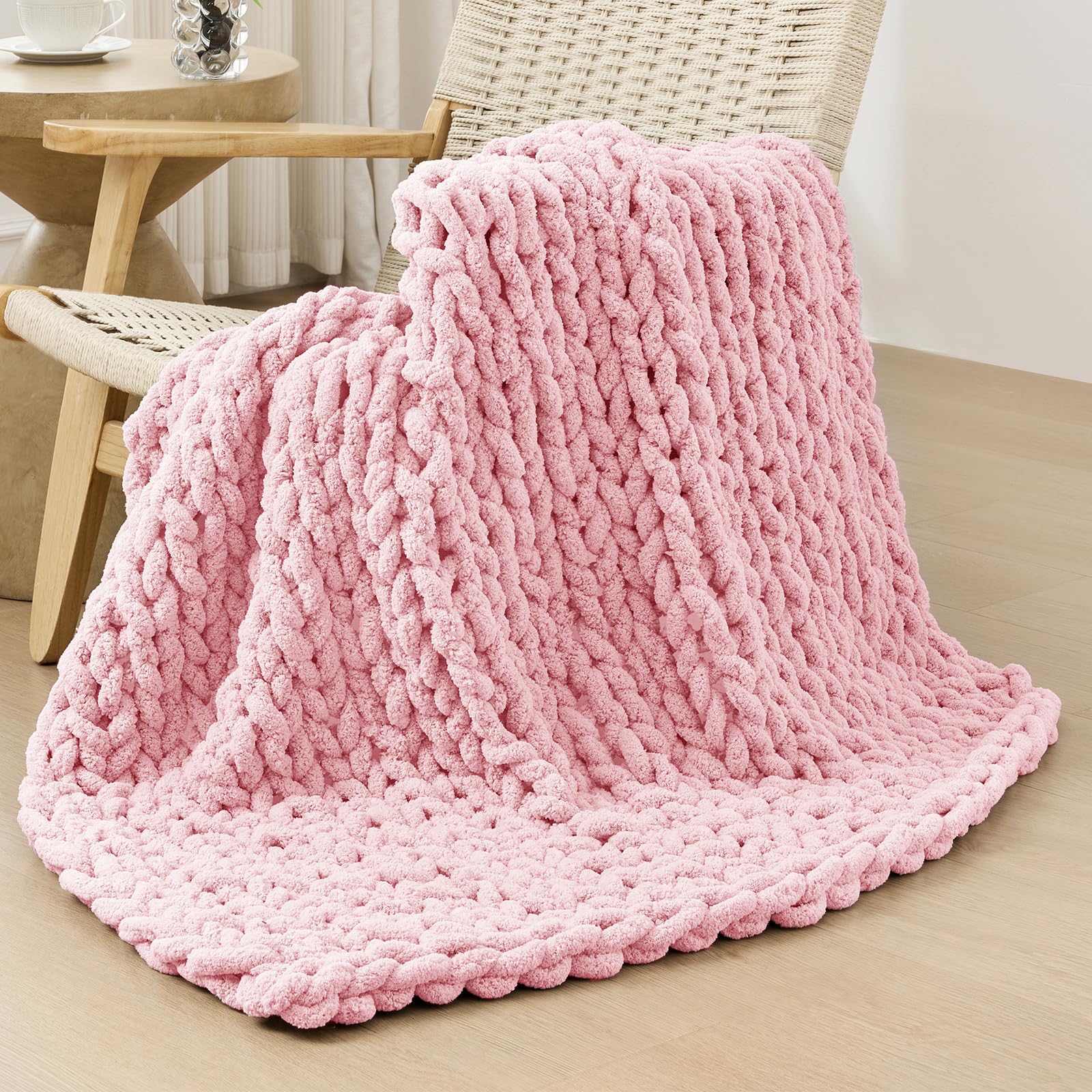 Bigacogo Chunky Knit Throw Blanket for Couch, 40x60 inches, 100% Hand Knitted with Thick Jumbo Chenille Yarn, Cozy Soft Large Rope Knot Cable Crochet Blankets for Sofa Bed Living Room, Beige