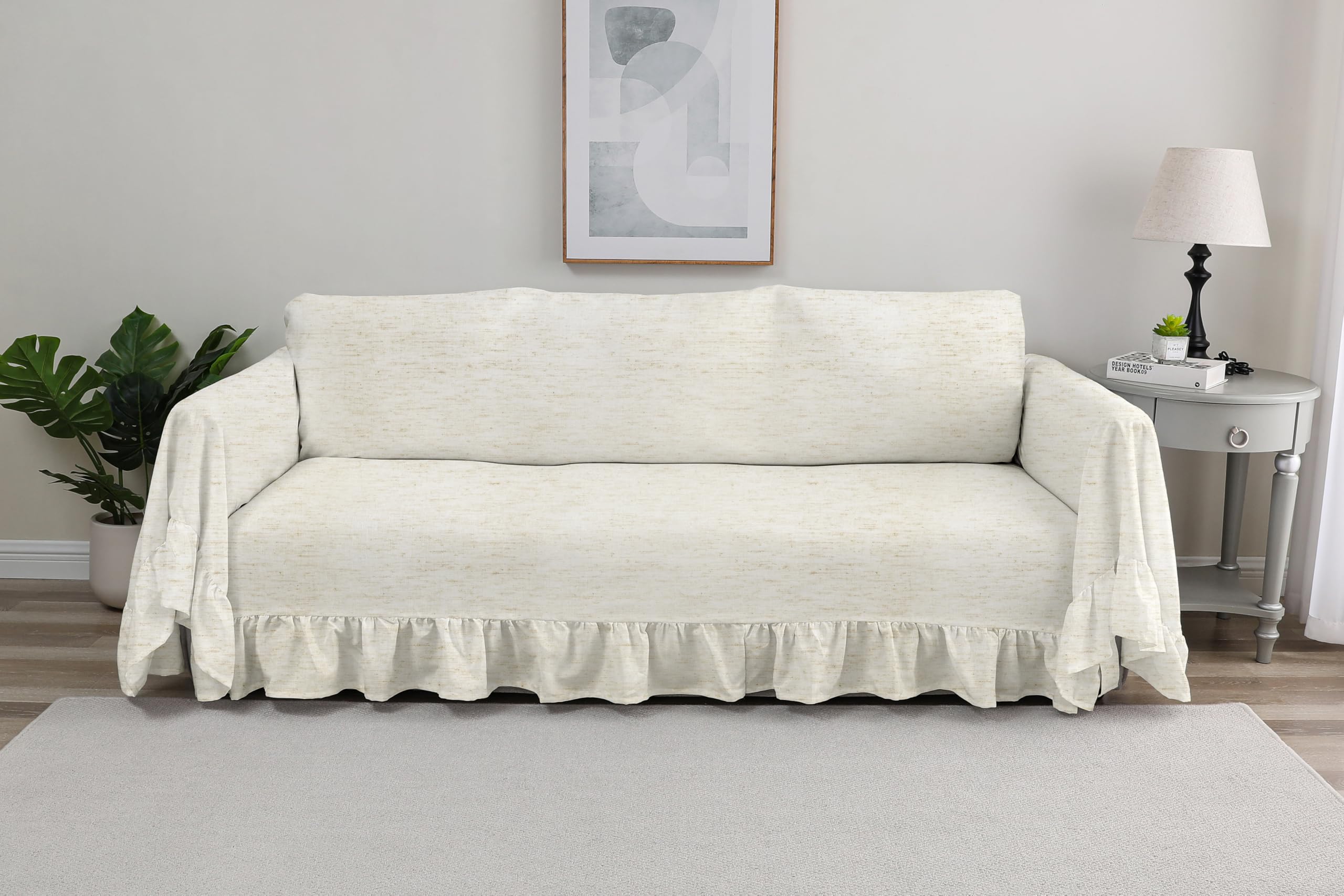 Rustic Linen Sofa Cover with Tie Strings, Full Couch Protector Durable Throw Slipcover Ruffled Edge (White, Large Sofa)