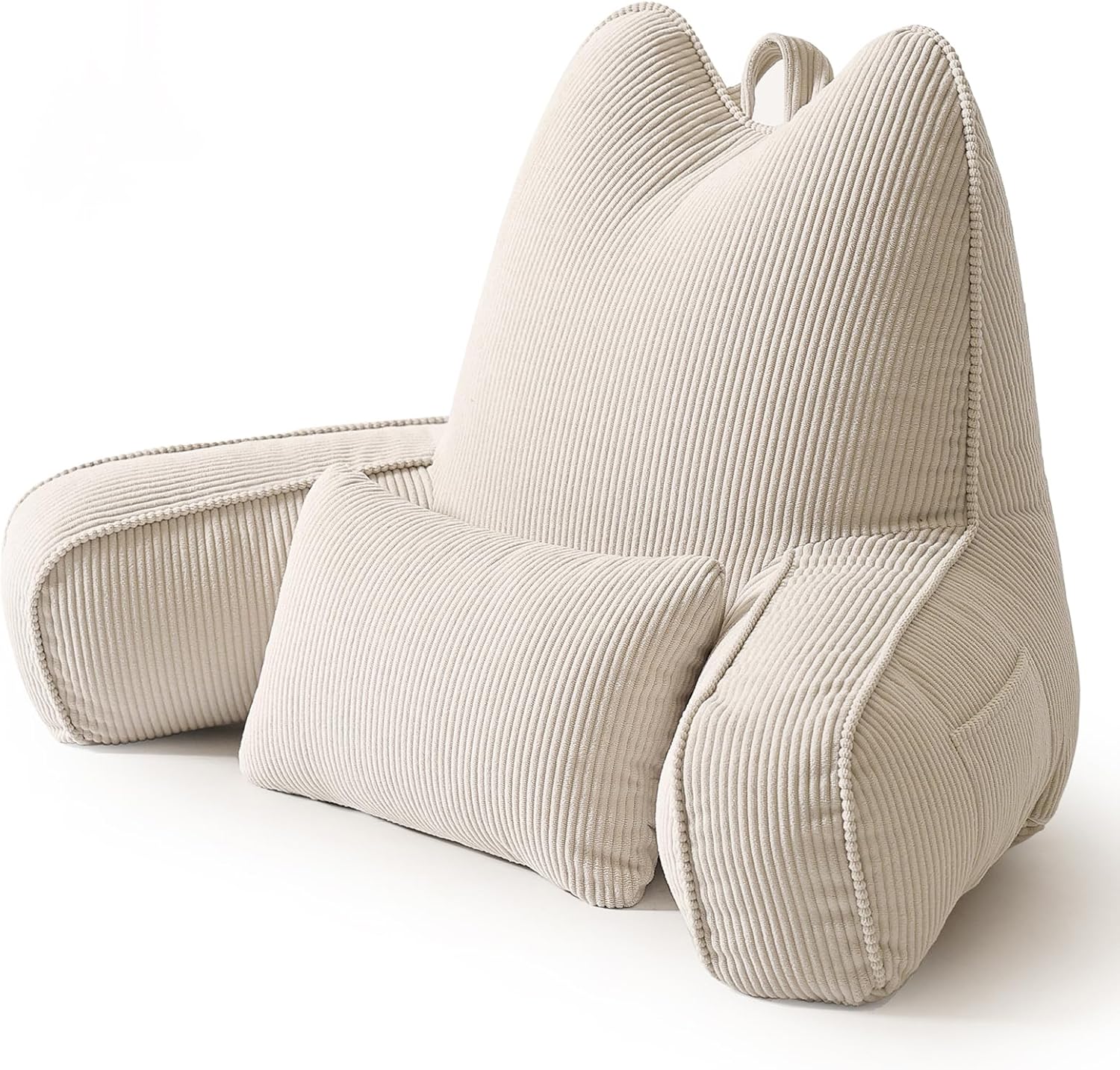 Patented Design Reading Pillow with Arms for Sitting Up, 2-in-1 Bed Rest Pillow with Detachable Lumbar Support, Backrest Support Cushion for Couch with Side Pockets & Handle, Beige Gray