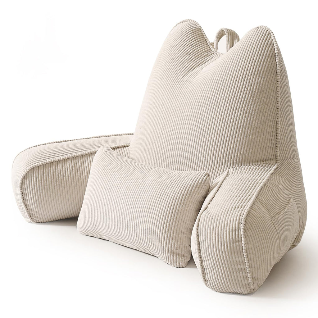 Patented Design Reading Pillow with Arms for Sitting Up, 2-in-1 Bed Rest Pillow with Detachable Lumbar Support, Backrest Support Cushion for Couch with Side Pockets & Handle, Beige Gray
