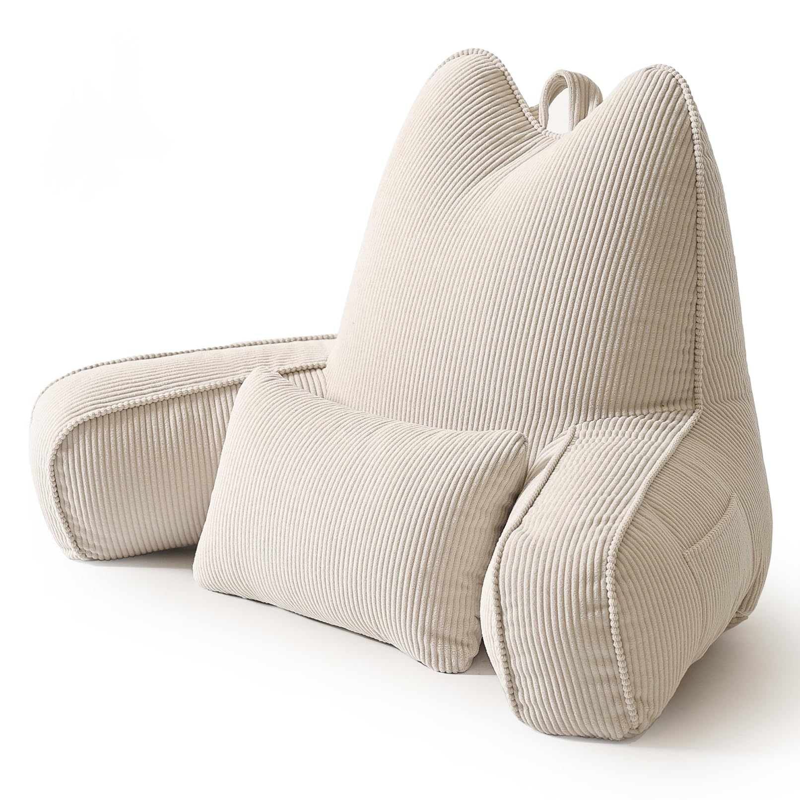Patented Design Reading Pillow with Arms for Sitting Up, 2-in-1 Bed Rest Pillow with Detachable Lumbar Support, Backrest Support Cushion for Couch with Side Pockets & Handle, Beige Gray