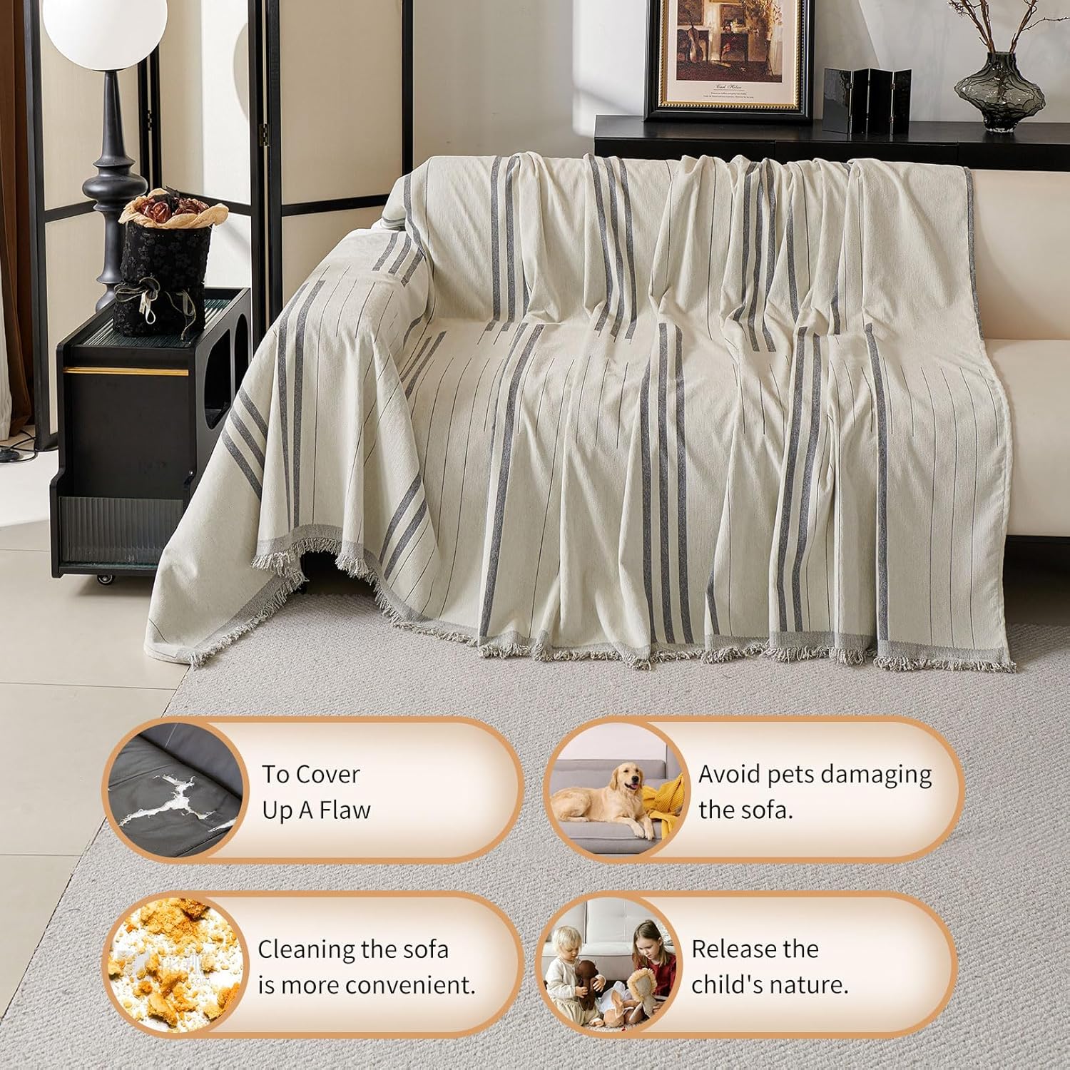 Boho Couch Covers for Sofa Washable Sofa Covers for 3 Cushion Couch Soft Non Slip Couch Covers for Sectional Sofa Dog Pet Furniture Protector (Light Gray, 91"*134")