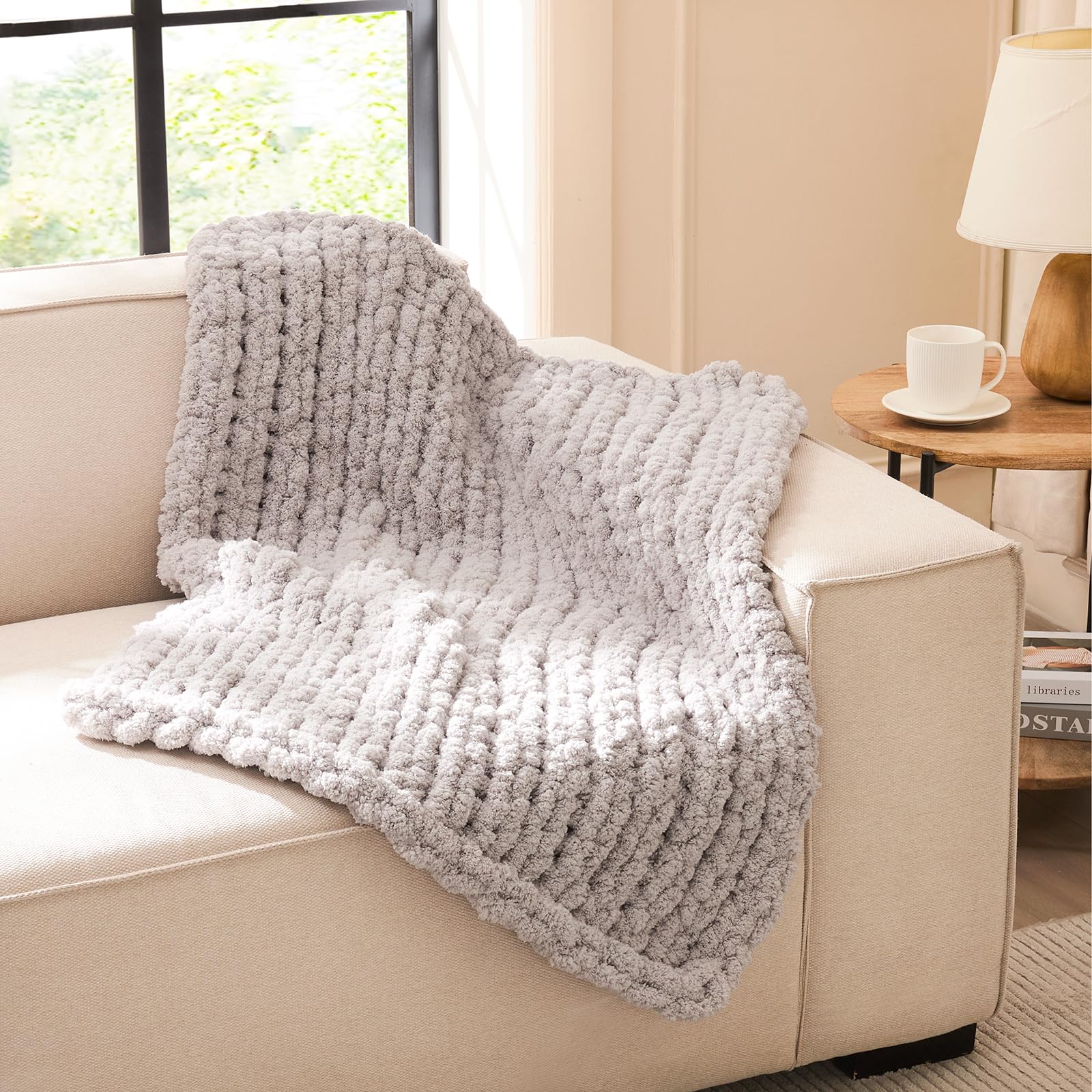 L'AGRATY Chunky Knit Blanket Throw,Soft Chenille Yarn Throw Blanket 50x60，Handmade Cable Knit Crochet Blanket,Large Knit Blankets Chunky Yarn,Rope Knot Throw Blanket for Couch Sofa Bed Home Decor