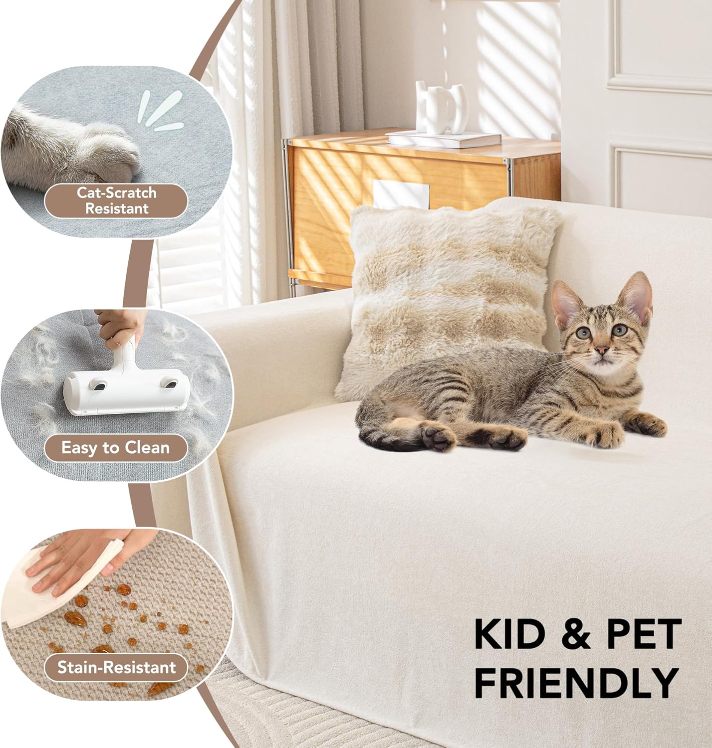 Waterproof Couch Covers for 3 Cushion, Non Slip Cat-Scratch Resistant Sofa Couch Covers for Dogs, Pet Friendly Couch Protectors Slipcovers, Washable Furniture Covers for Pets, 71" x 118",Ivory